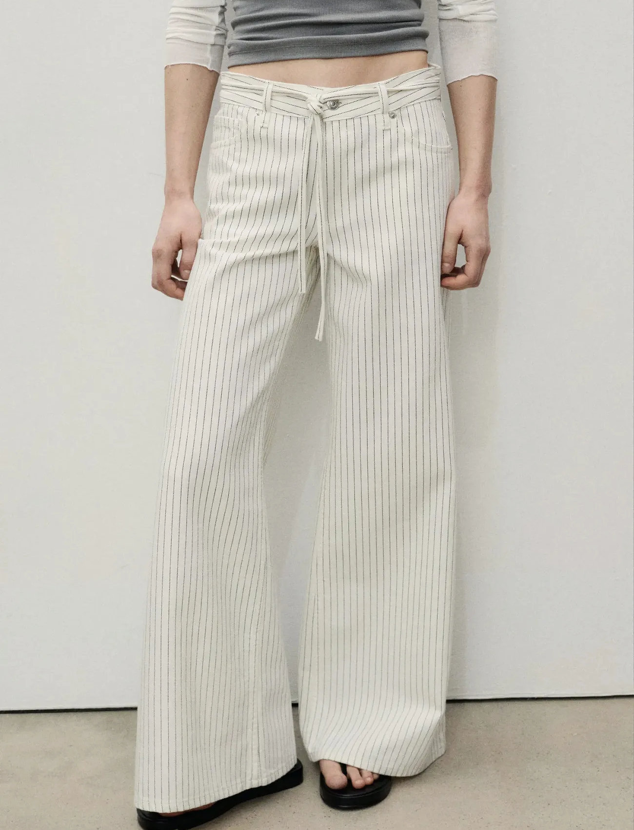 Mango Wide Leg Jeans With Stripes And Belt, 32, White, Bukser > Brede Ben, Dame