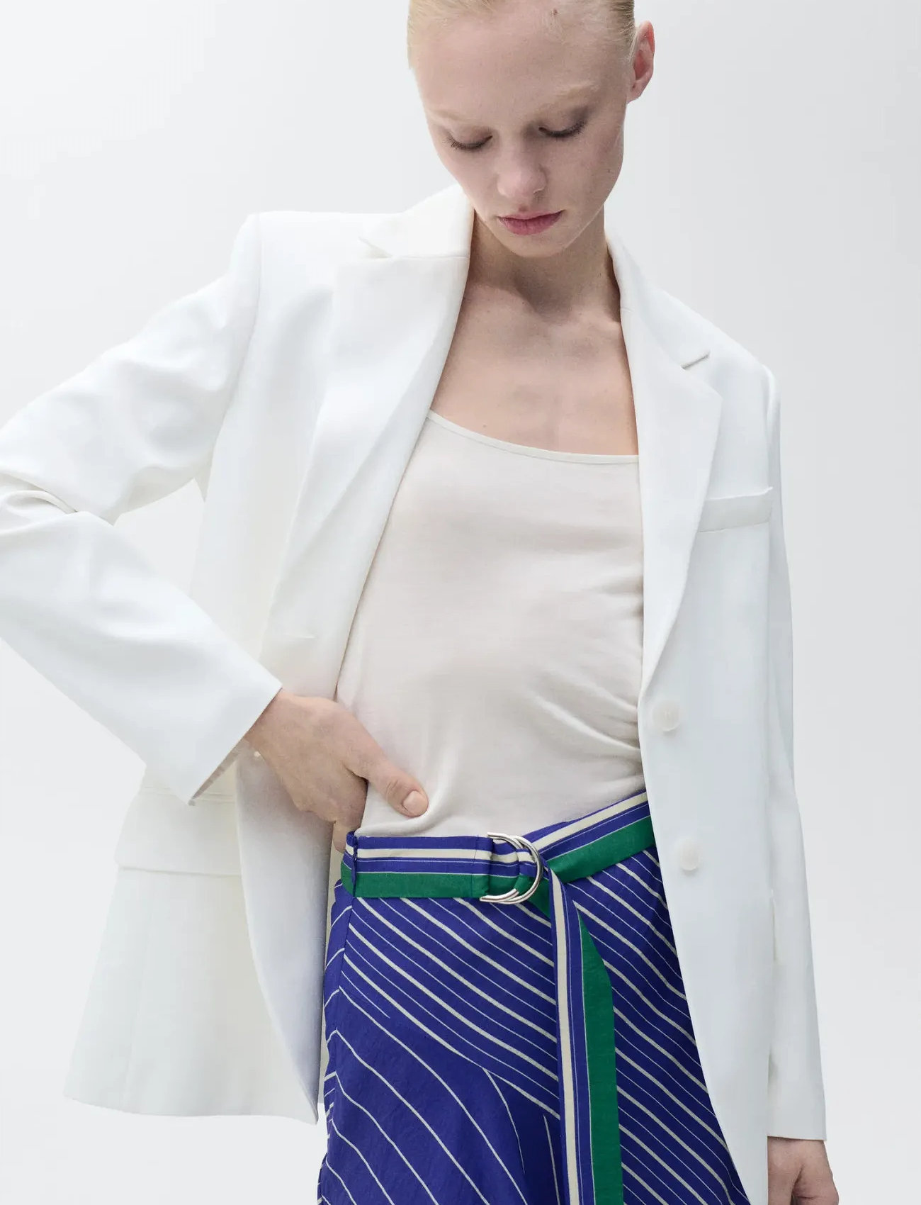Mango Striped Midi-Skirt With Belt, 40, Blue, Nederdele > Knælange Og Midi Nederdele, Dame