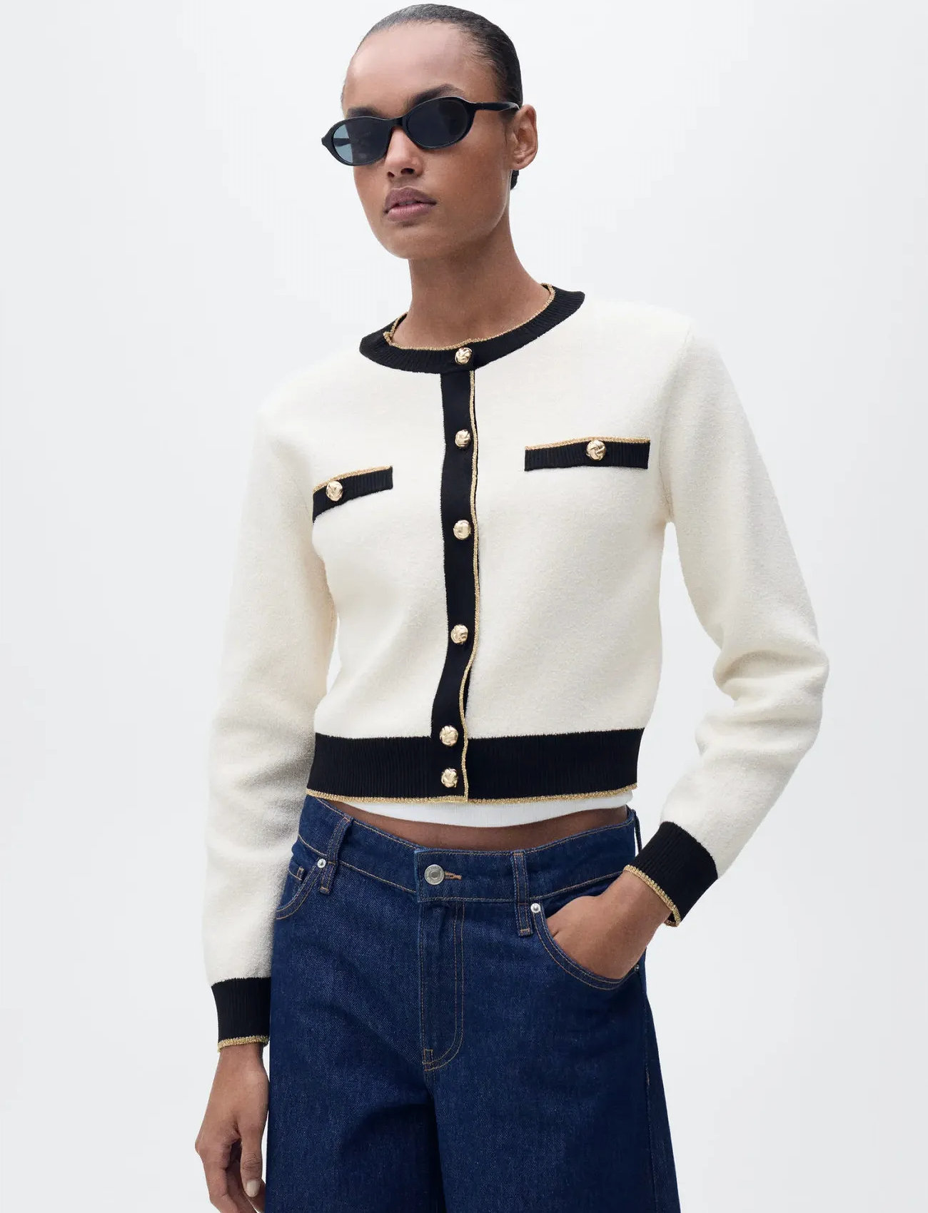 Mango Knitted Cardigan With Double Trim, S, Beige, Strik > Cardigans, Dame