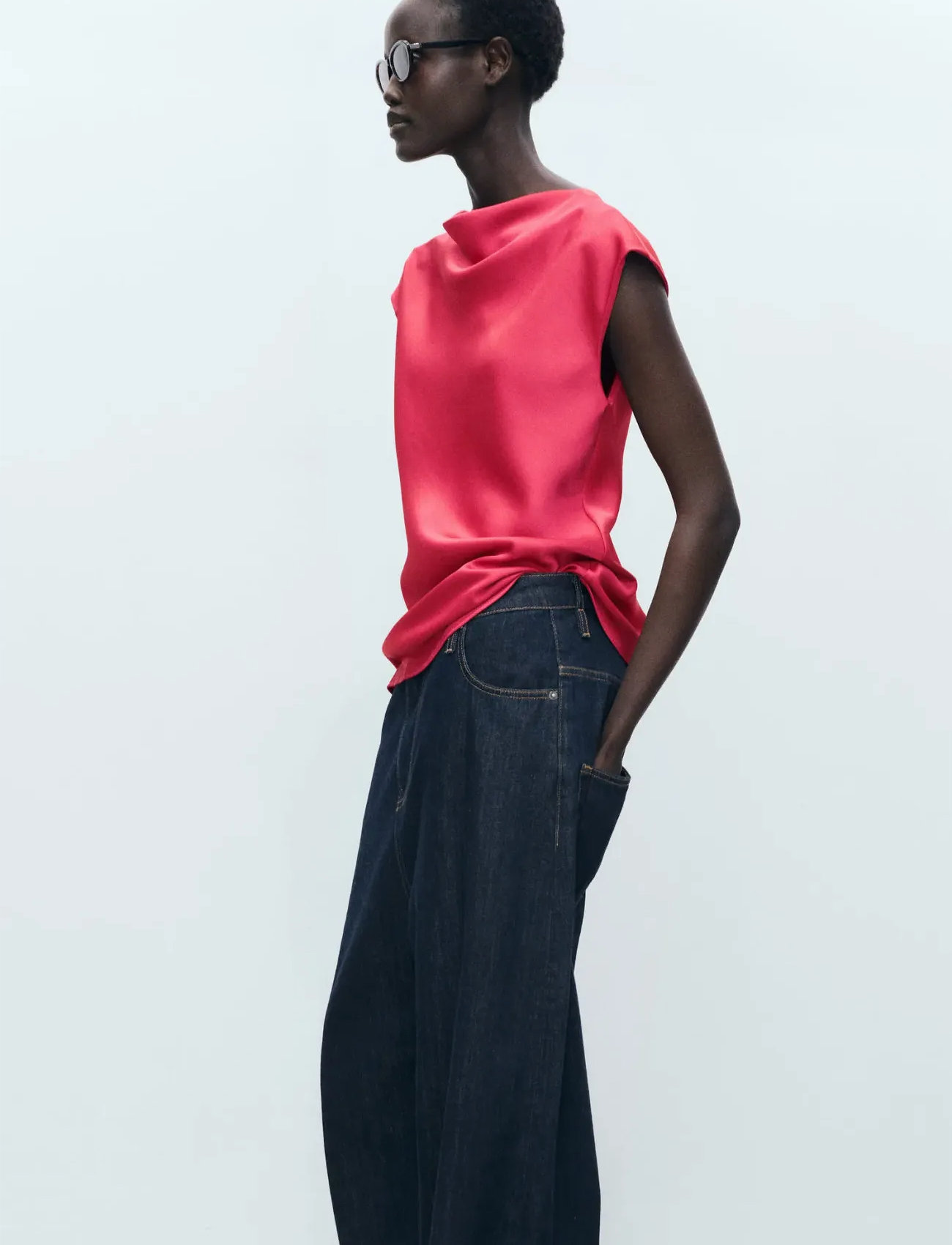 Mango Satin Blouse With Draped Neck, XS, Pink, Bluser > Kortærmede, Dame