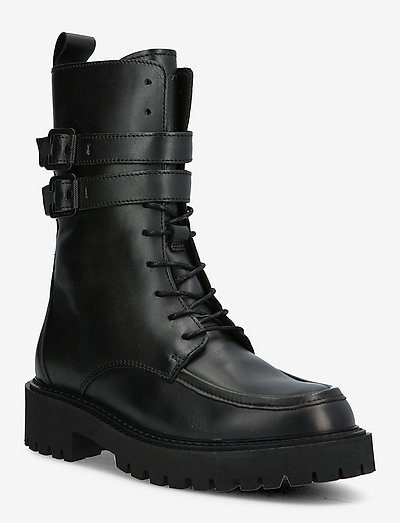 LACE FLATHEEL BOOTIE - flat ankle boots - black