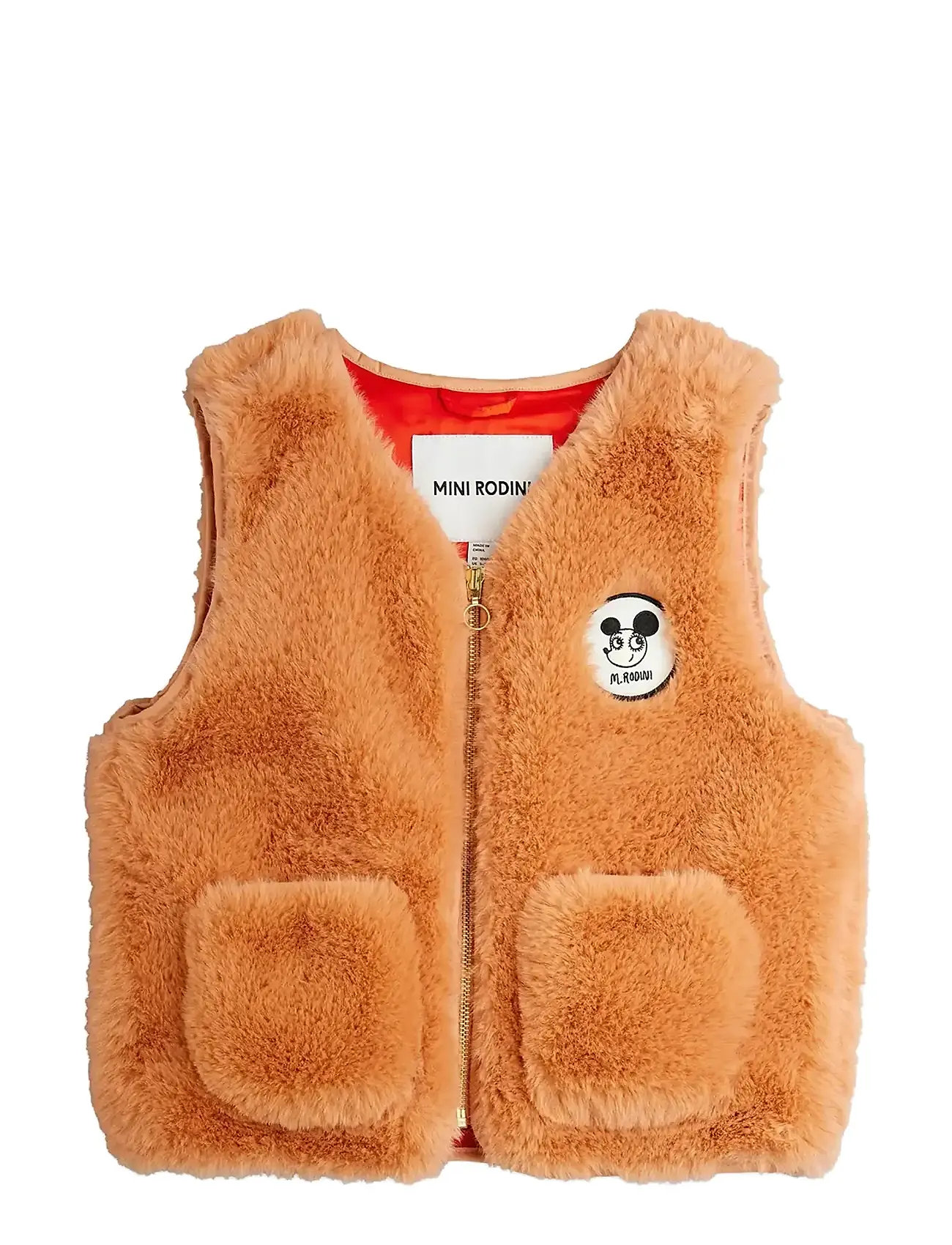 Mini Rodini Ritzratz Patch Faux Fur Vest, 128/134, Orange, Overtøj > Udendørs Veste, Børn