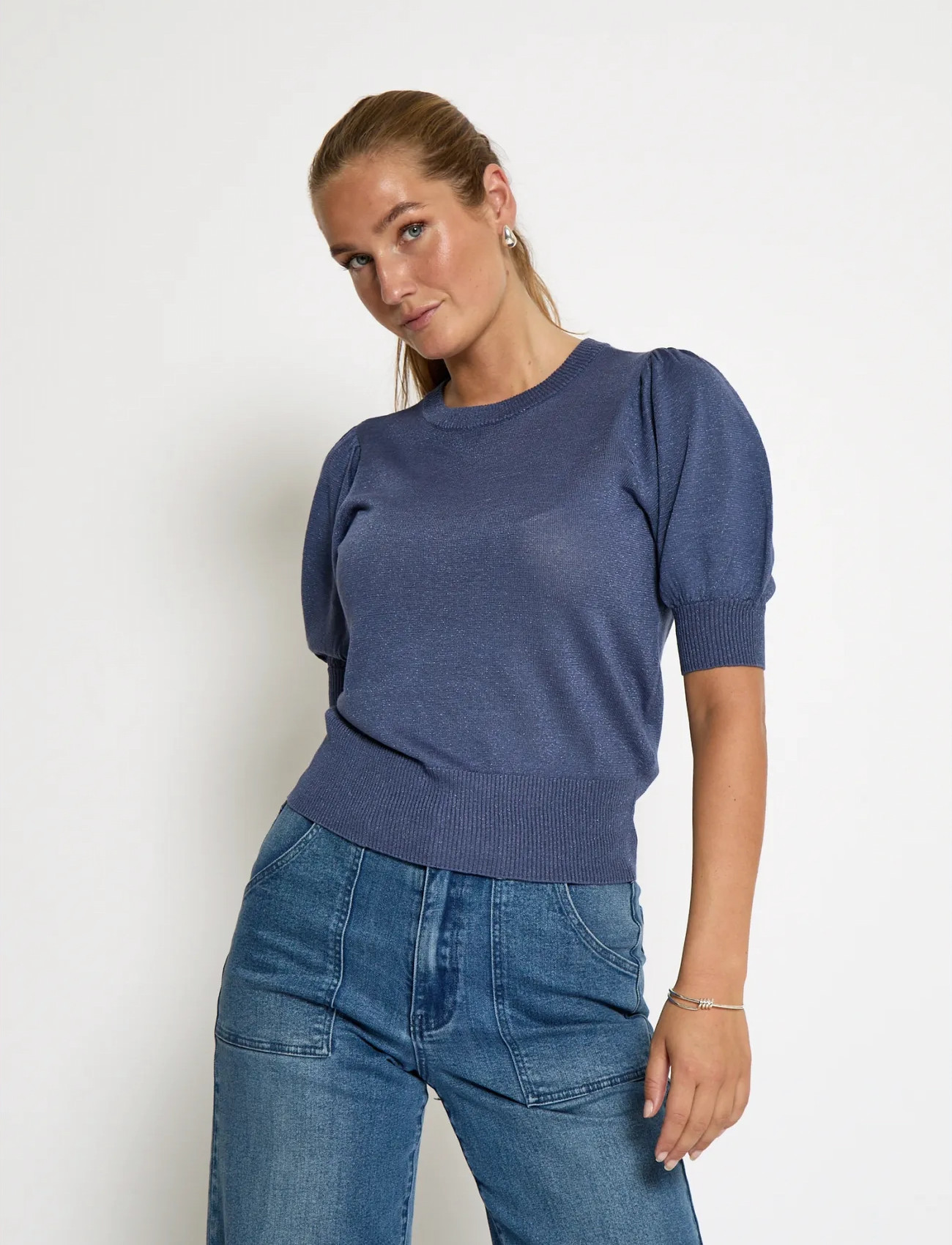 Minus Msliva Puff Sleeve Metallic Knit Pu, XS, Navy, Strik > Trøjer, Dame