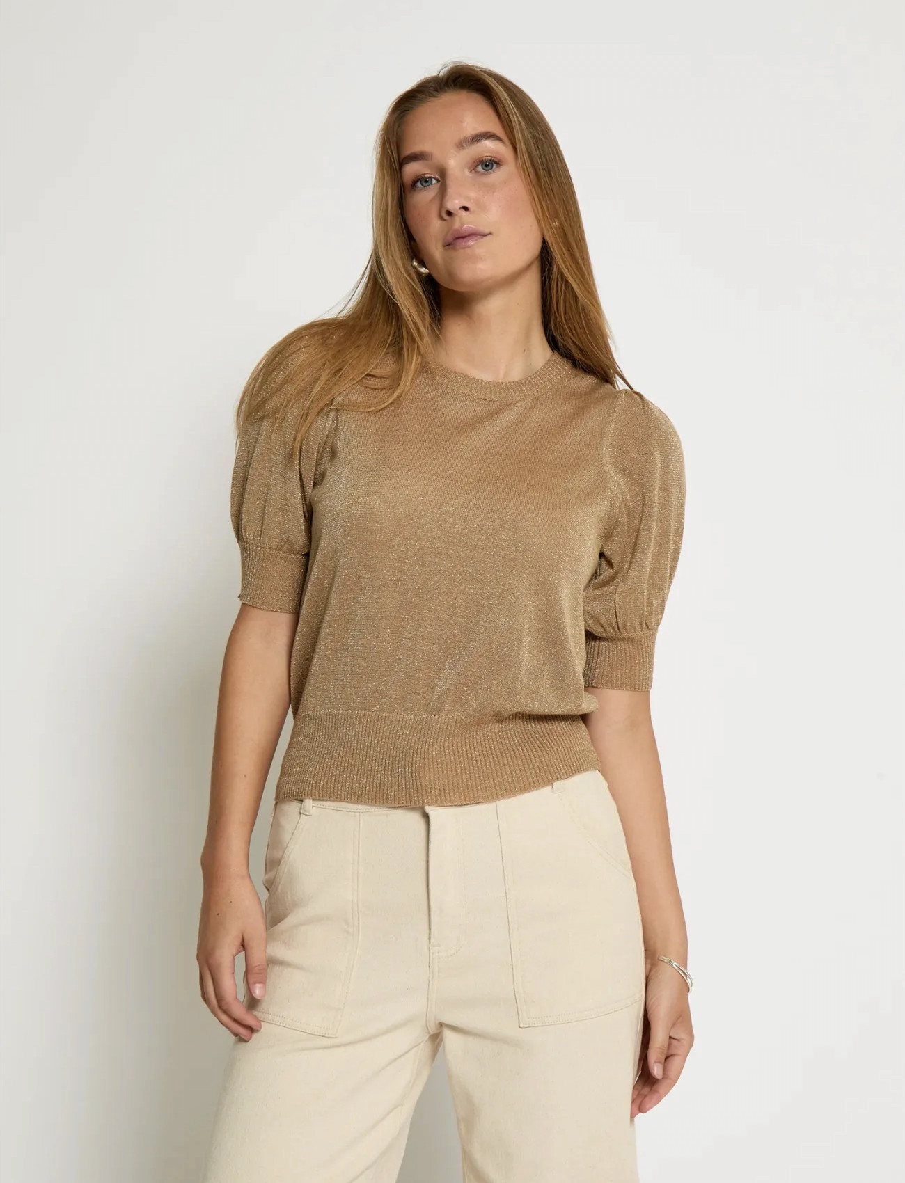 Minus Msliva Puff Sleeve Metallic Knit Pu, M, Beige, Strik > Trøjer, Dame