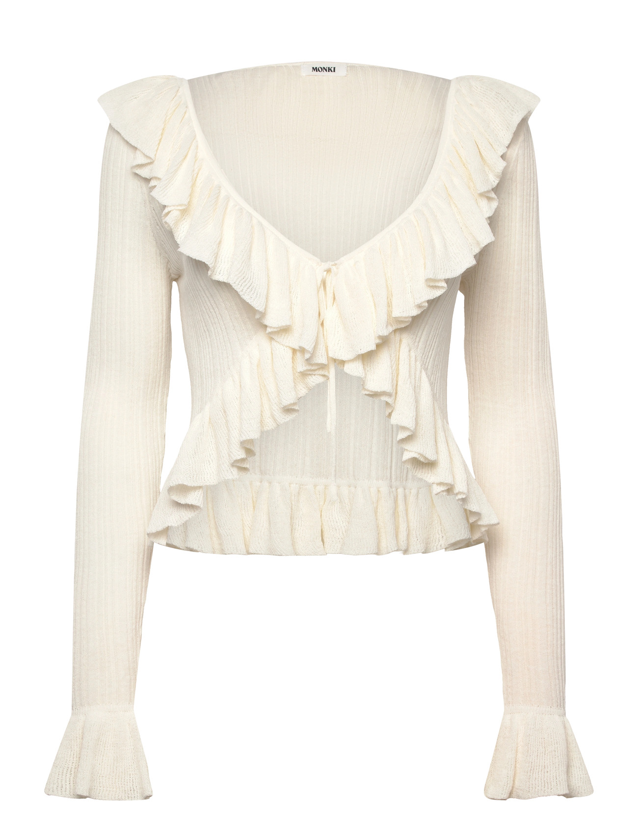 Monki Frilled Knitted V-Neck Cardigan, S, Cream, Strik > Cardigans, Dame