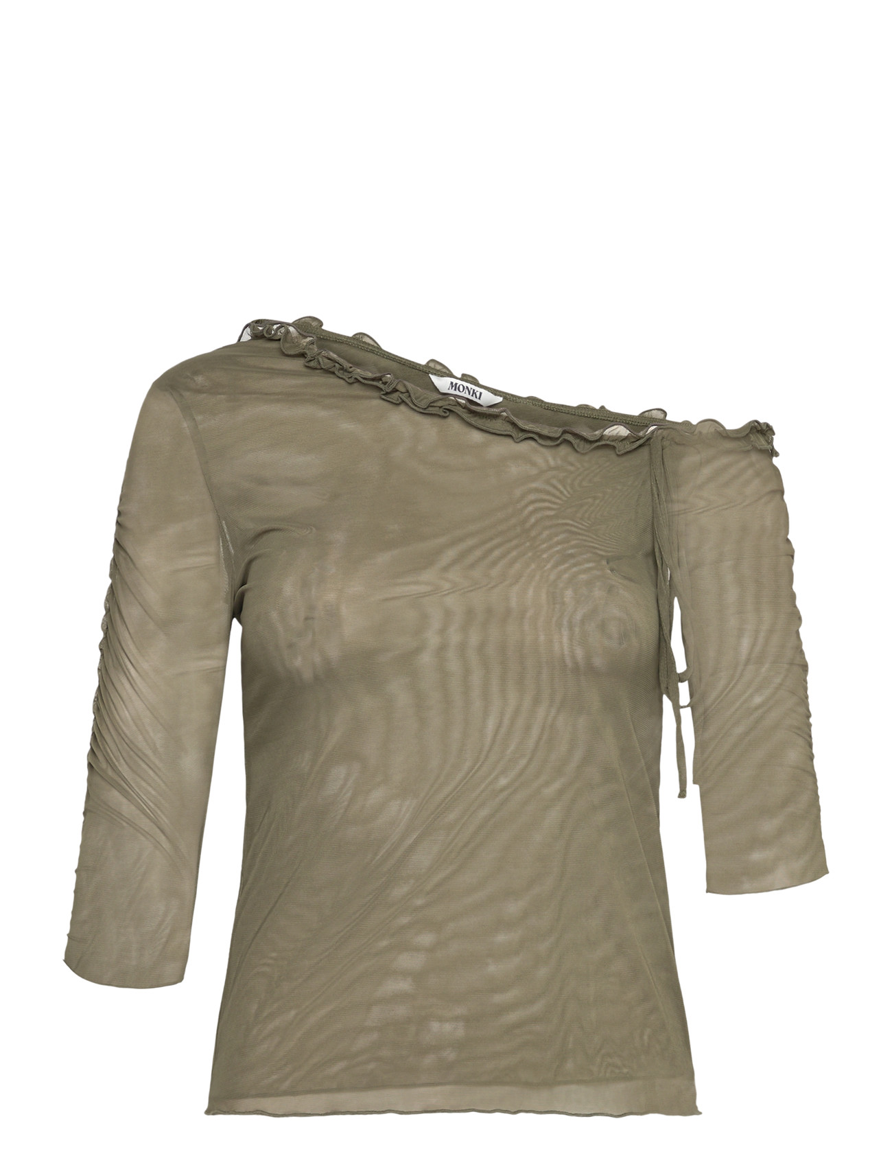 Monki Asymmetric Off-Shoulder Three-Quarter Sleeve Top, L, Khaki green, T-Shirts & Toppe > Langærmede, Dame