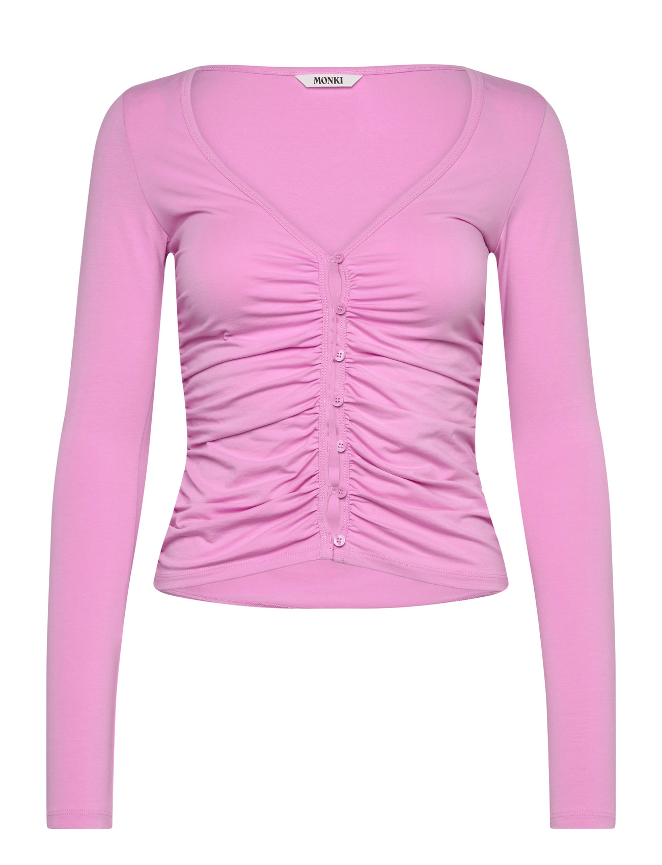 Monki Slim Ruched V-Neck Cardigan, L, Pink, Strik > Cardigans, Dame