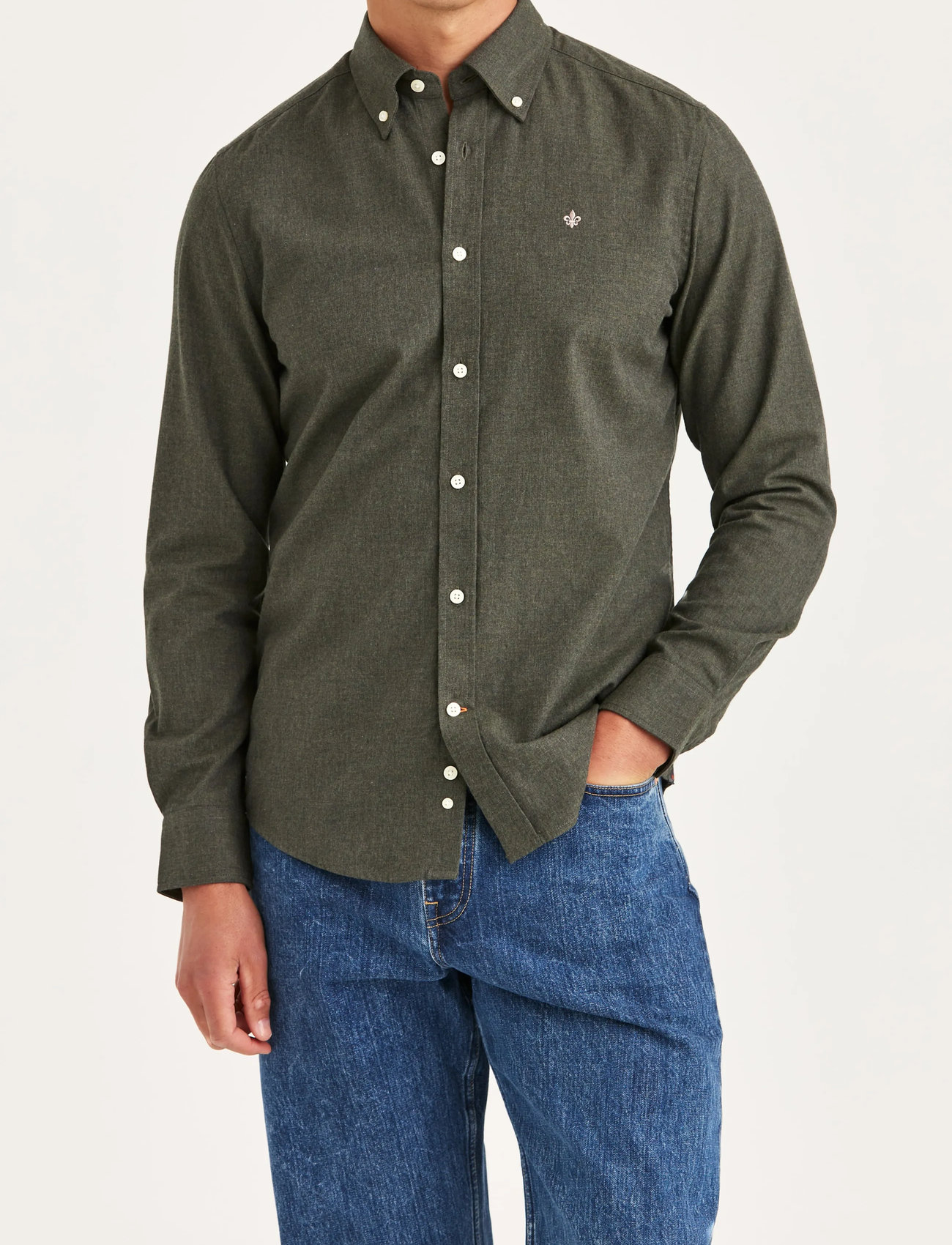 Morris Watts Flannel Shirt-Slim Fit, XXL, Khaki green, Skjorter > Afslappet Shirts, Herre