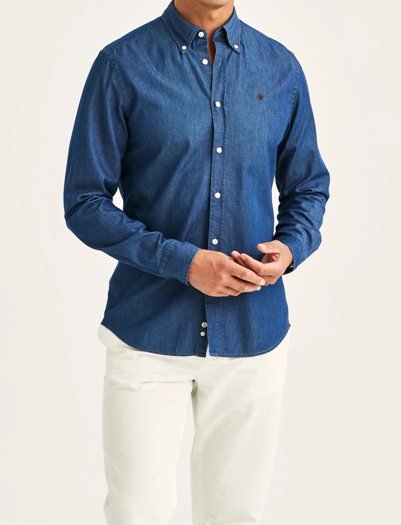 Morris Light Denim Shirt-Slim Fit, L, Navy, Skjorter > Afslappet Shirts, Herre