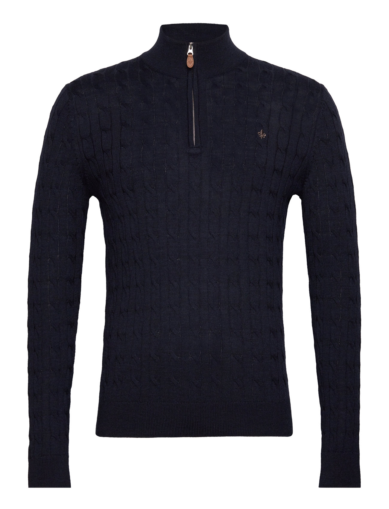 Merino Cable John Zip Designers Knitwear Half Zip Jumpers Navy Morris