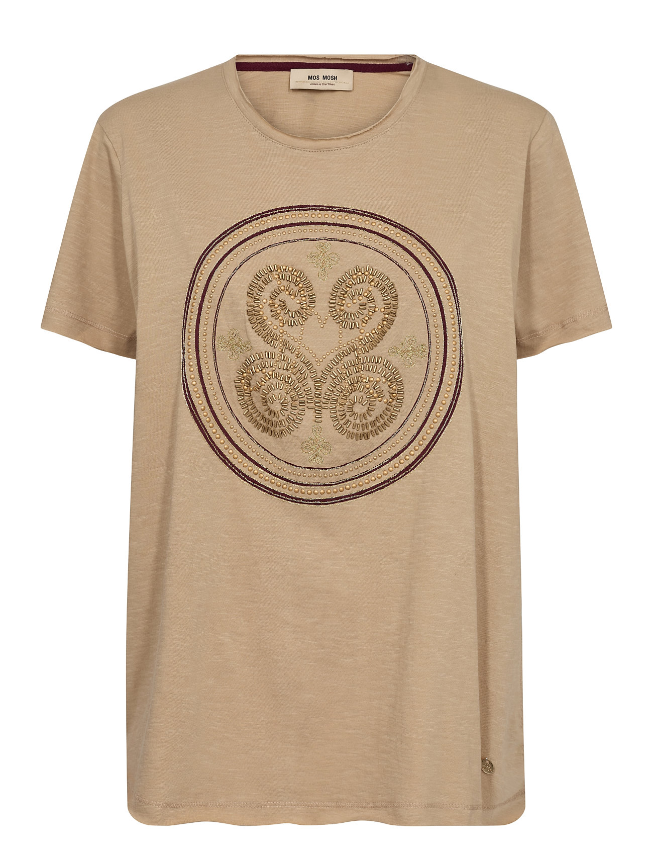 MOS MOSH Mmzano O-Ss Embroidery Tee, S, Beige, T-Shirts & Toppe > Kortærmede, Dame