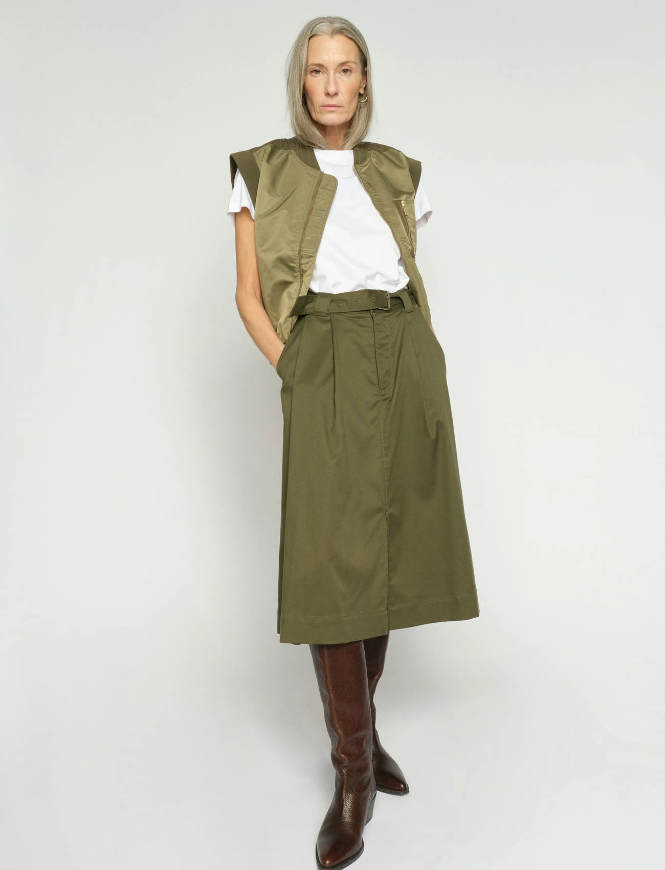 MOS MOSH Mmkoda Billie Skirt, 44, Khaki green, Nederdele > Knælange Og Midi Nederdele, Dame