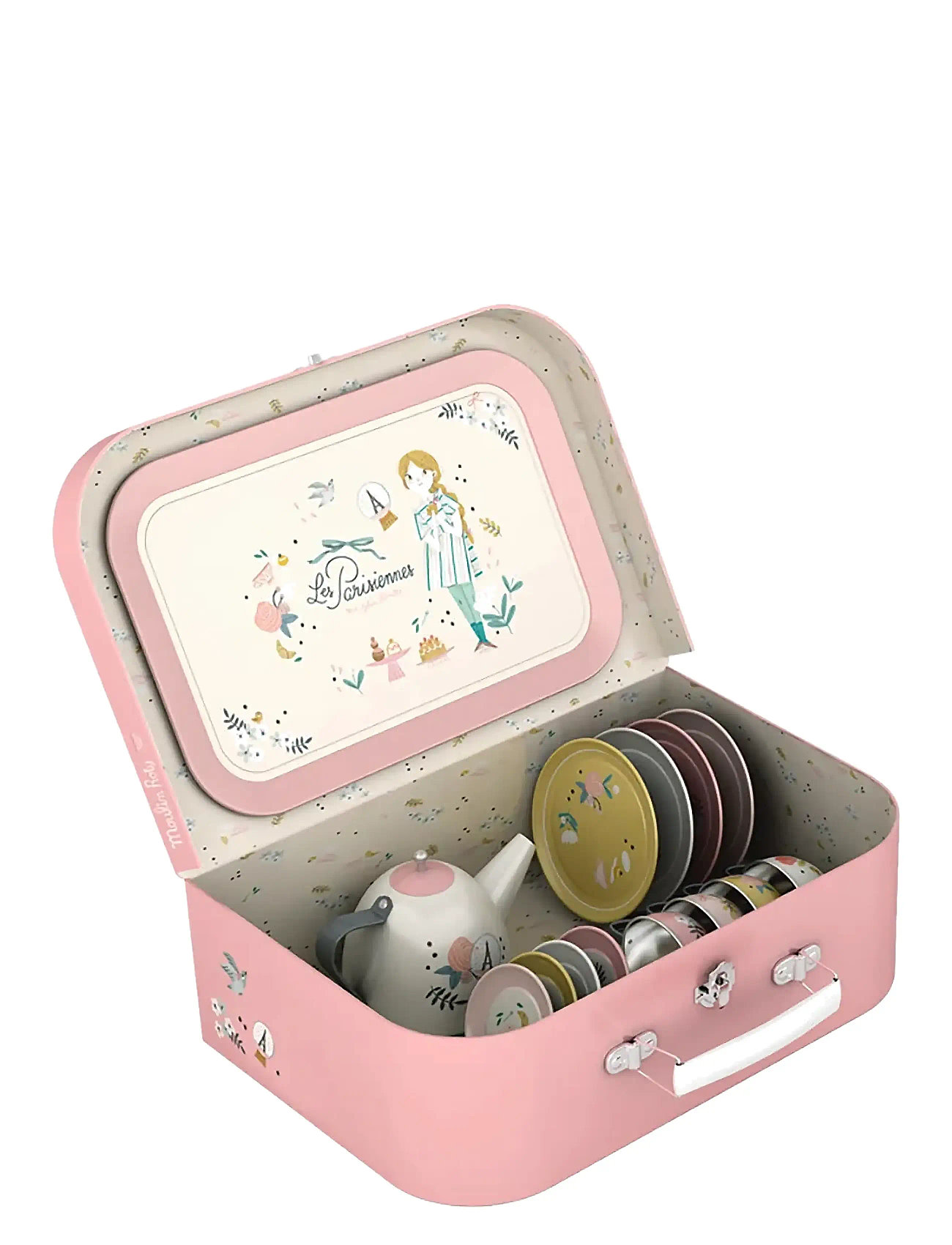 Tea Set In Carry Case 14 Pcs - Les Parisiennes Toys Toy Kitchen & Accessories Coffee & Tea Sets Pink Moulin Roty