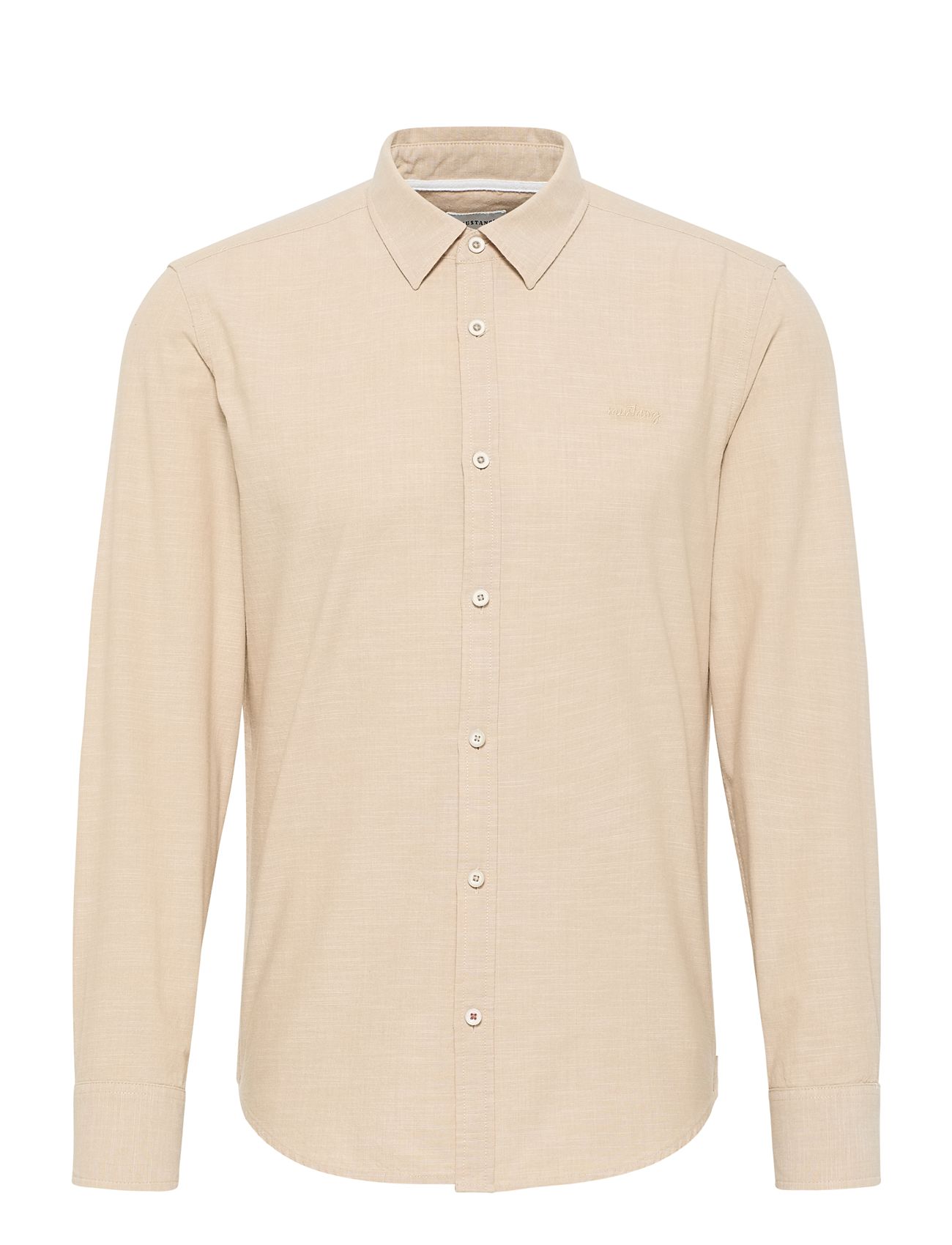 Style Casper Slub Chambray Tops T-Langærmet Skjorte Beige MUSTANG