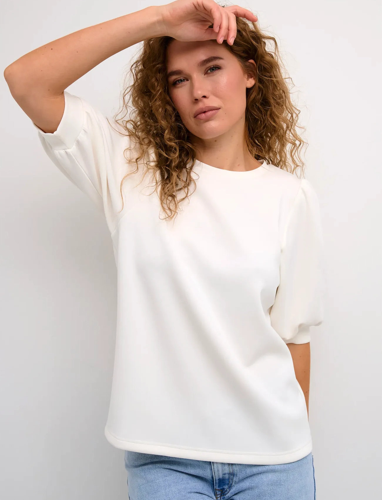 My Essential Wardrobe Elmw Puff Round Neck Blouse, XS, White, Bluser > Kortærmede, Dame