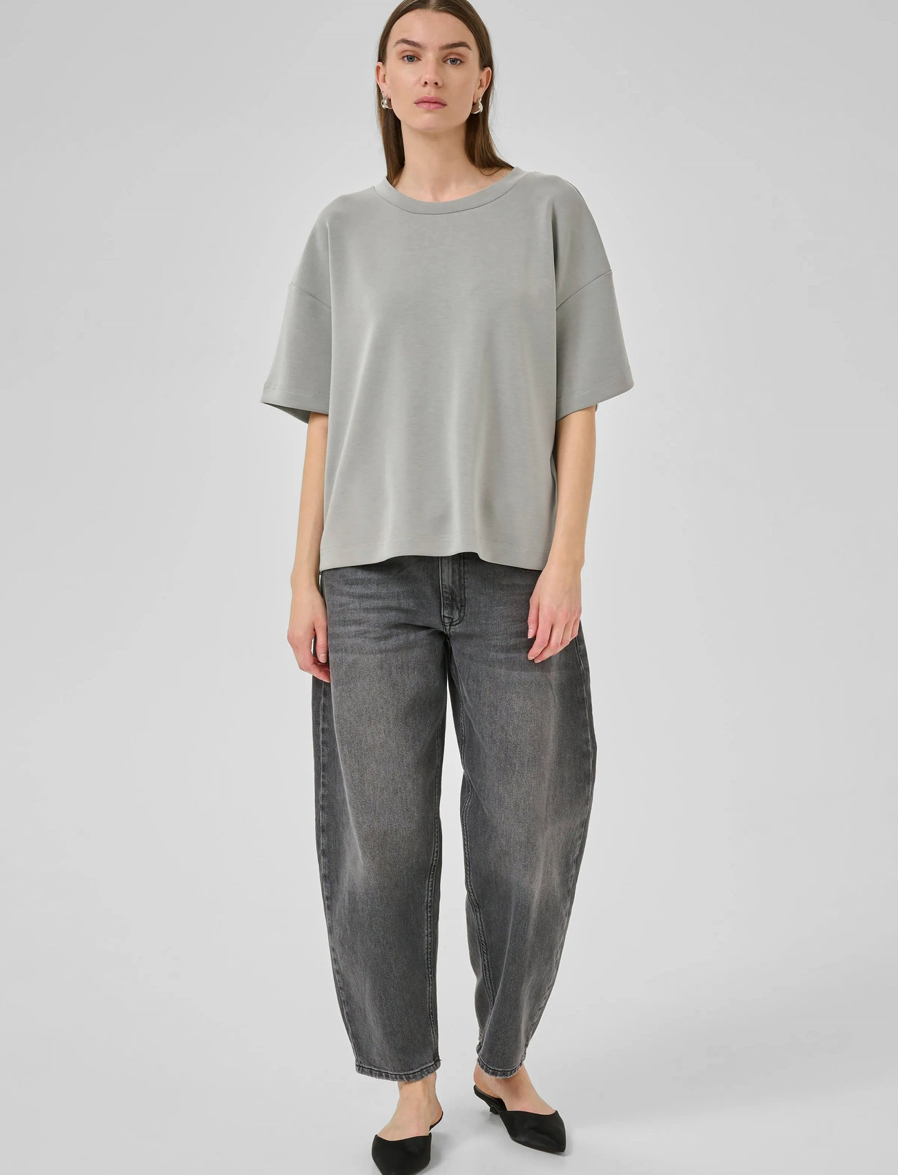 My Essential Wardrobe Hellemw Emb Boxy Tee, M/L, Grey, T-Shirts & Toppe > Kortærmede, Dame