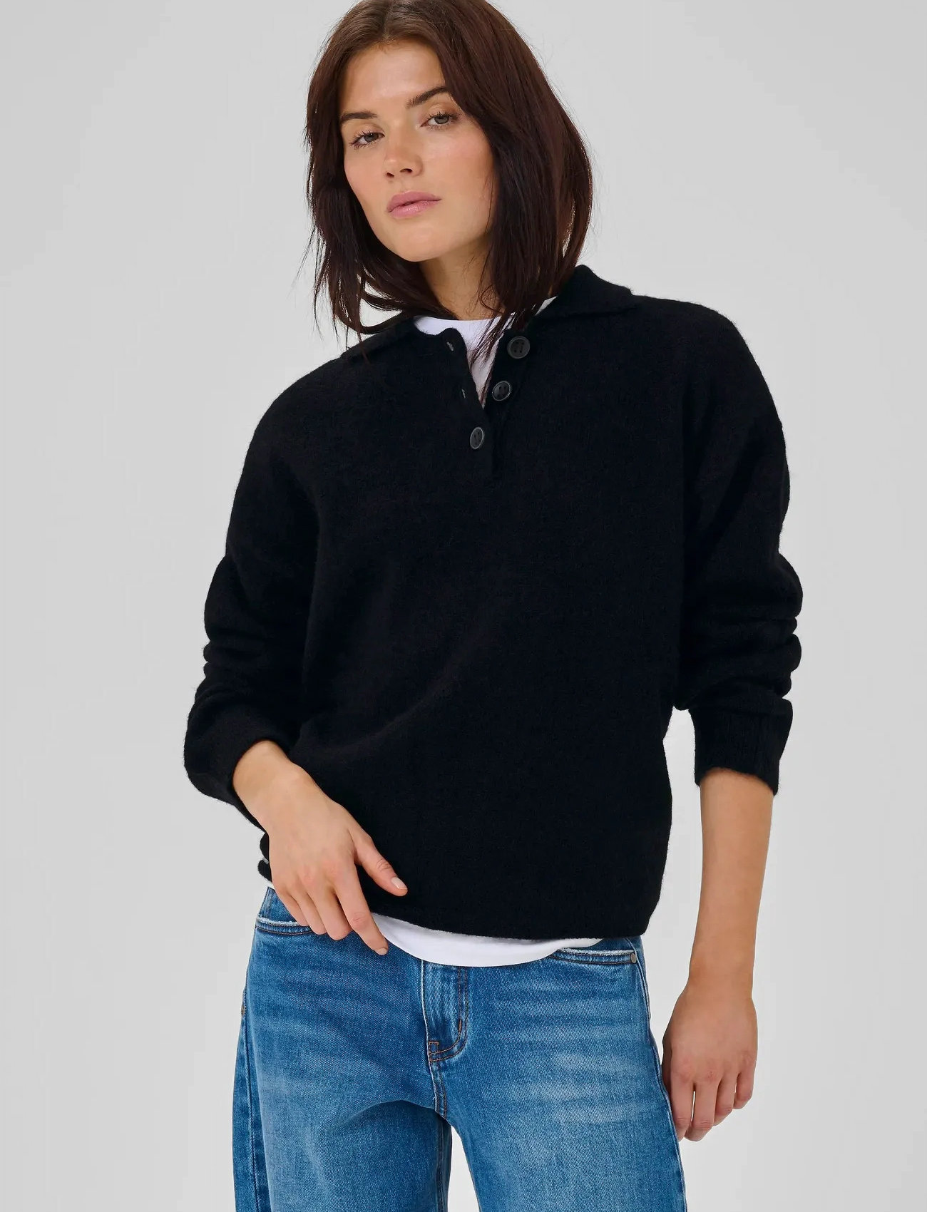 My Essential Wardrobe Sivamw Knit Polo Pullover, XS, Black, Strik > Trøjer, Dame