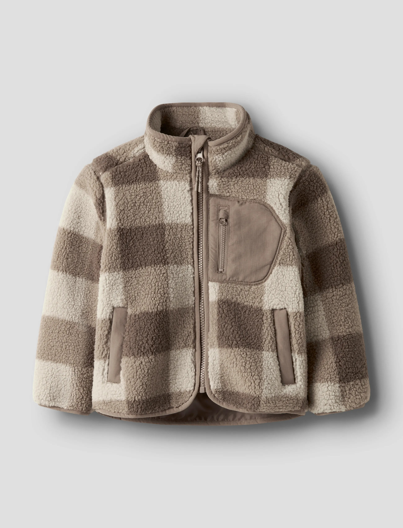 name it Nmmmonico Sherpa Jacket Check, 116, Brown, Yderbeklædning Af Fleece > Fleecejakker, Børn