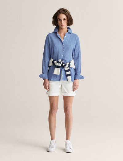 Camicia Donna Mustang Style Elsa In Misto Lino E Cotone - Taglio Ampio Con Volant E Maniche Corte, Colore Naturale - 4