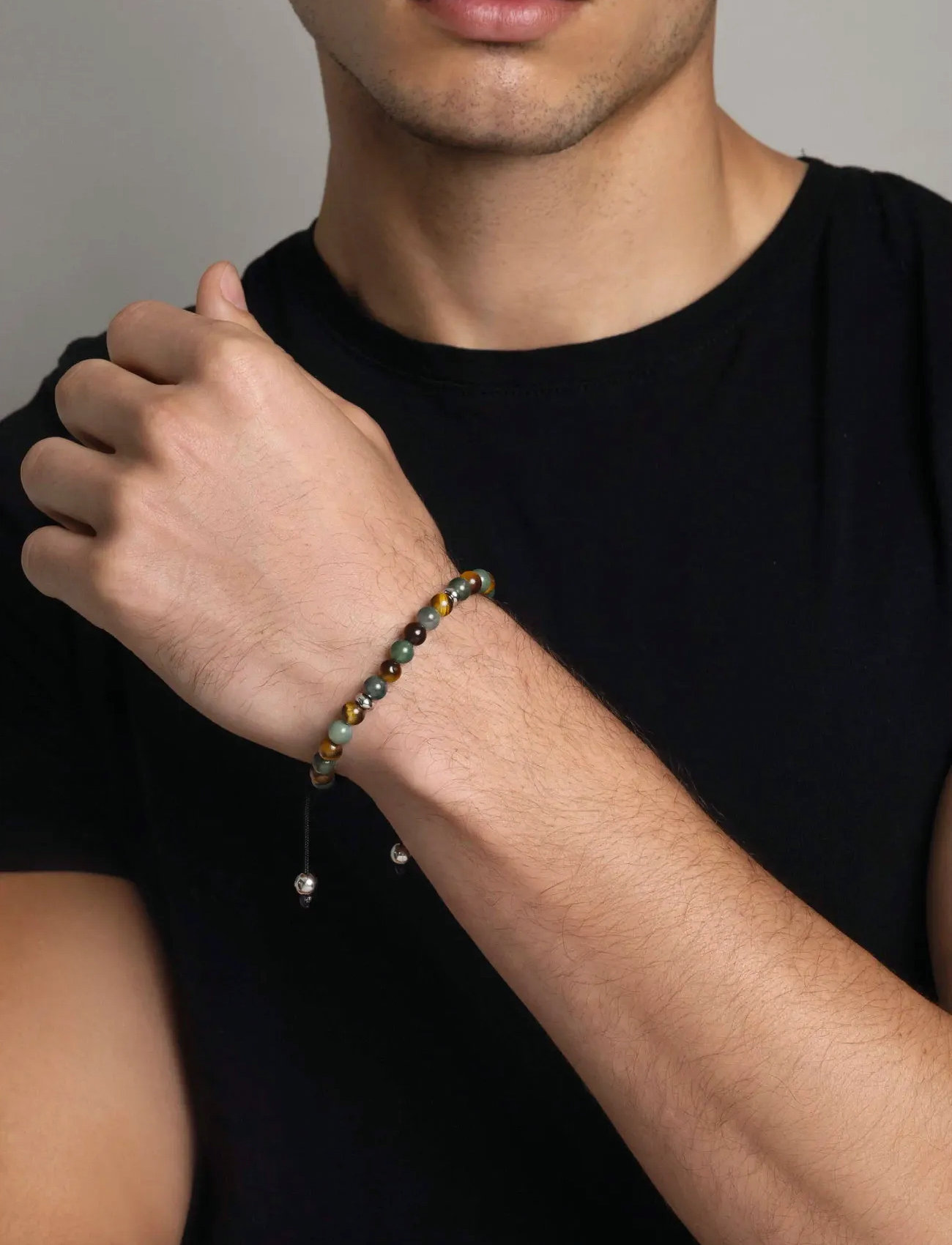 Nialaya Men's Beaded Bracelet With Aquatic Agate, Brown Tiger Eye And Silver, L, Brown, Smykker > Armbånd, Herre