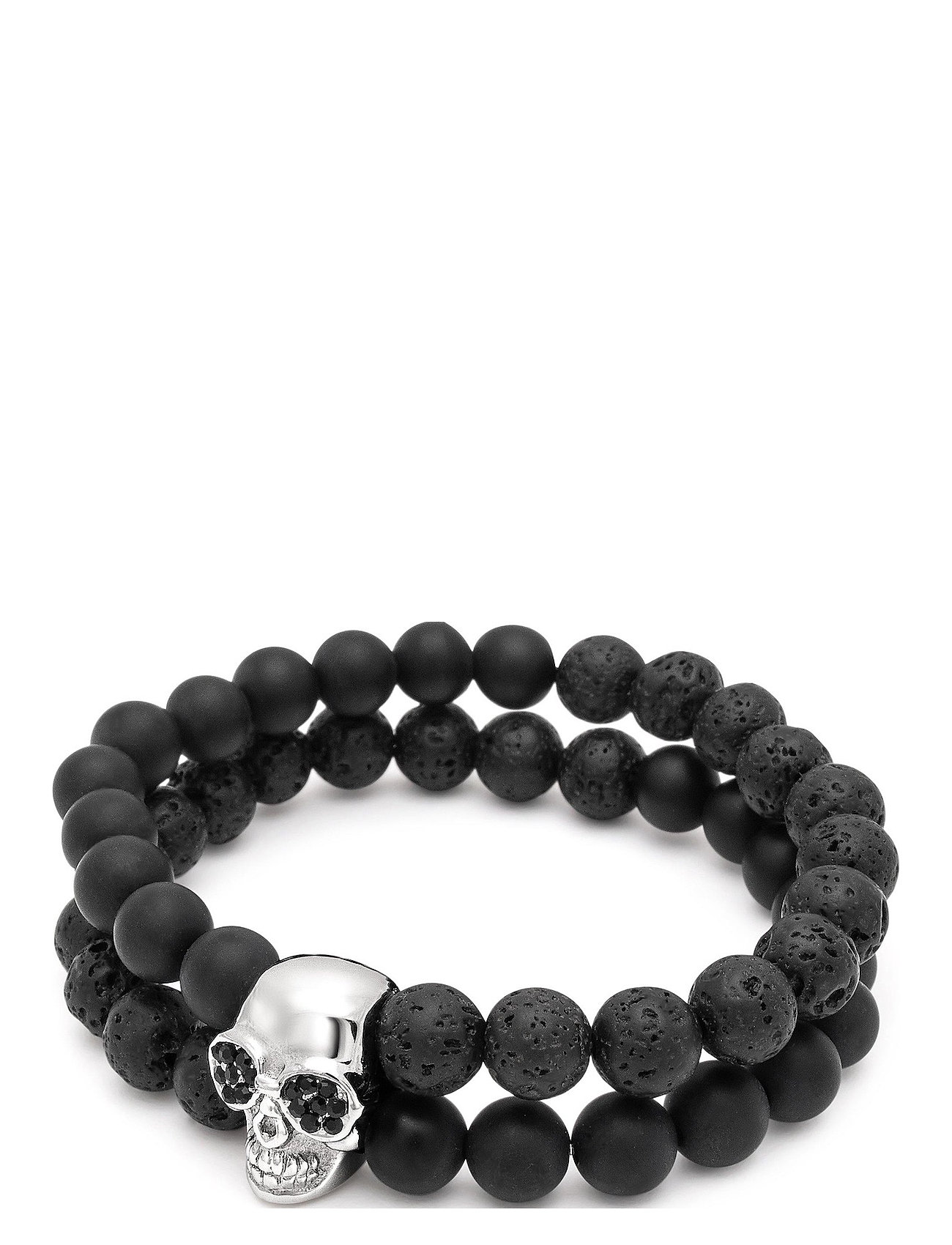 Double Beaded Bracelet With Lava-St , Onyx And Silver Skull Armband Smycken Black Nialaya