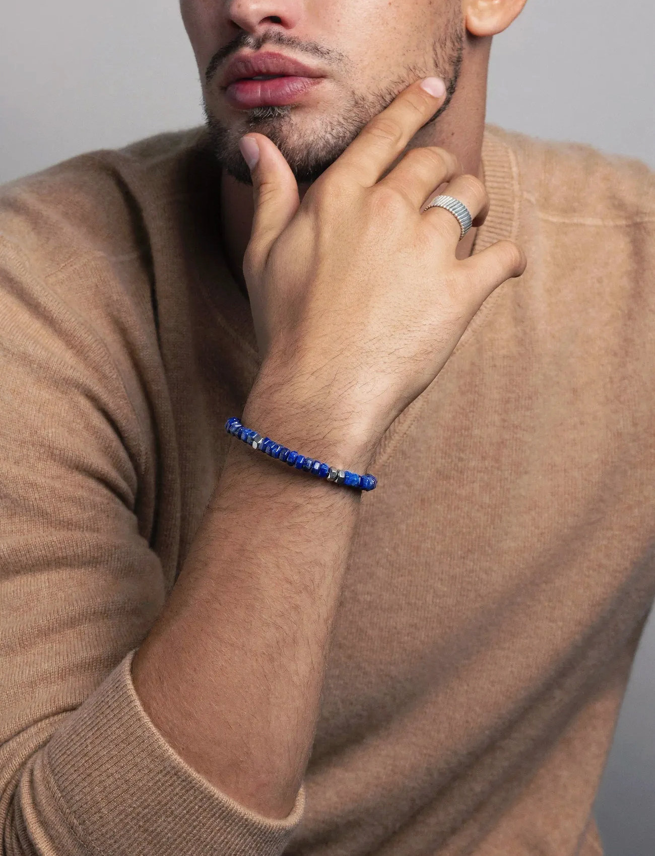 Nialaya Men's Hexagon Beaded Bracelet With Blue Lapis And Silver, M, Blue, Smykker > Armbånd, Herre