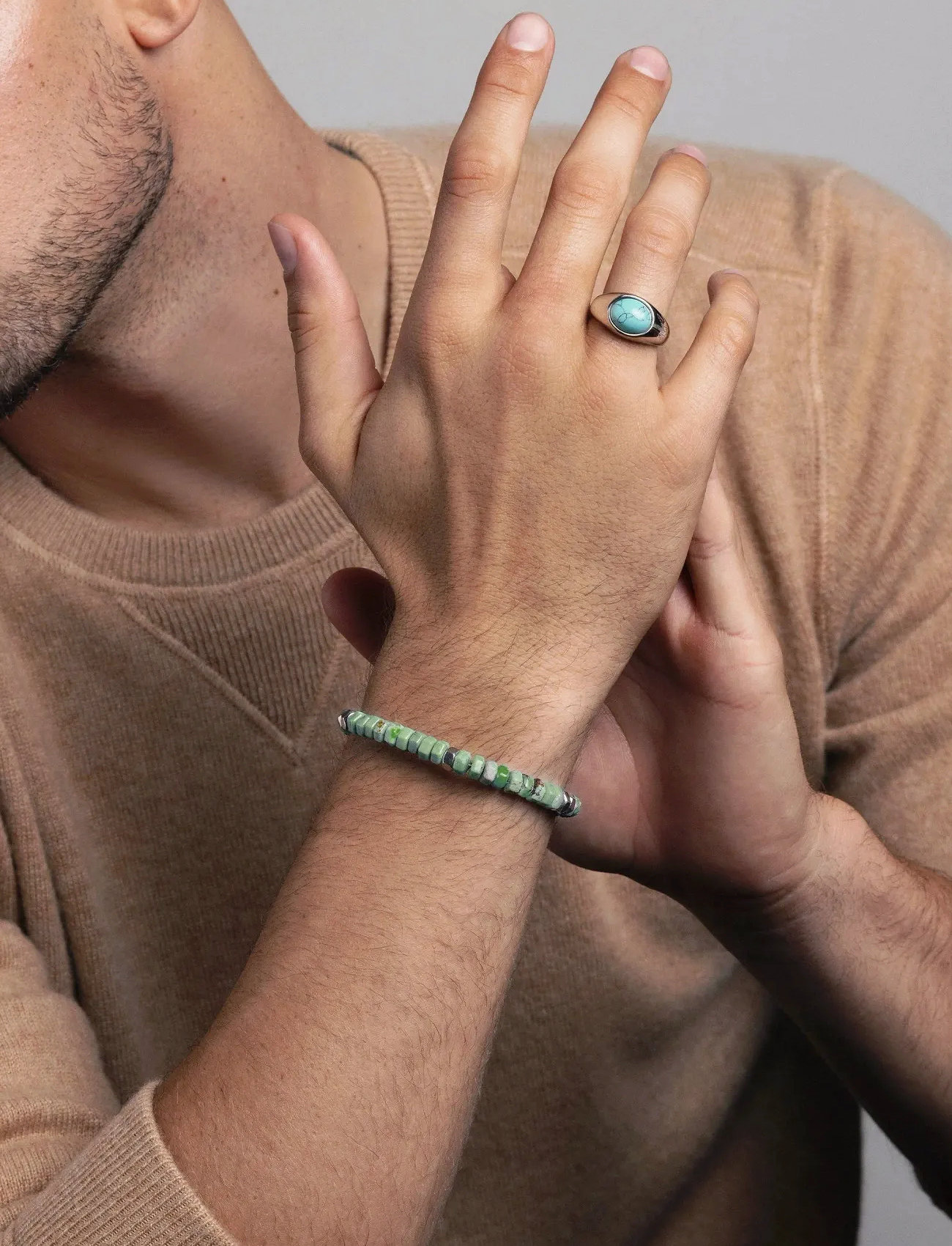 Nialaya Men's Hexagon Beaded Bracelet With Green Turquoise And Silver, L, Green, Smykker > Armbånd, Herre