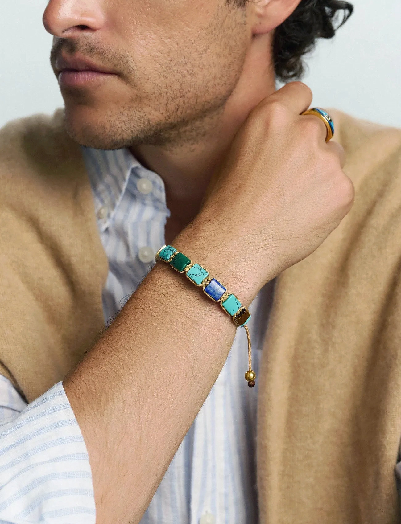 Nialaya The Dorje Flatbead Collection - Turquoise, Blue Lapis, Red Jade, Brown Tiger Eye And Green Jade, M, Blue, Smykker > Armbånd, Herre