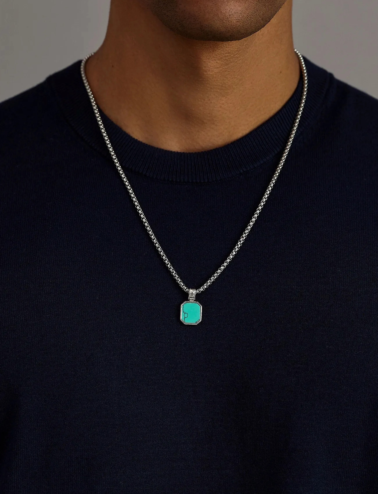 Nialaya Silver Necklace With Square Turquoise Pendant, 22', Silver, Smykker > Halskæder, Herre