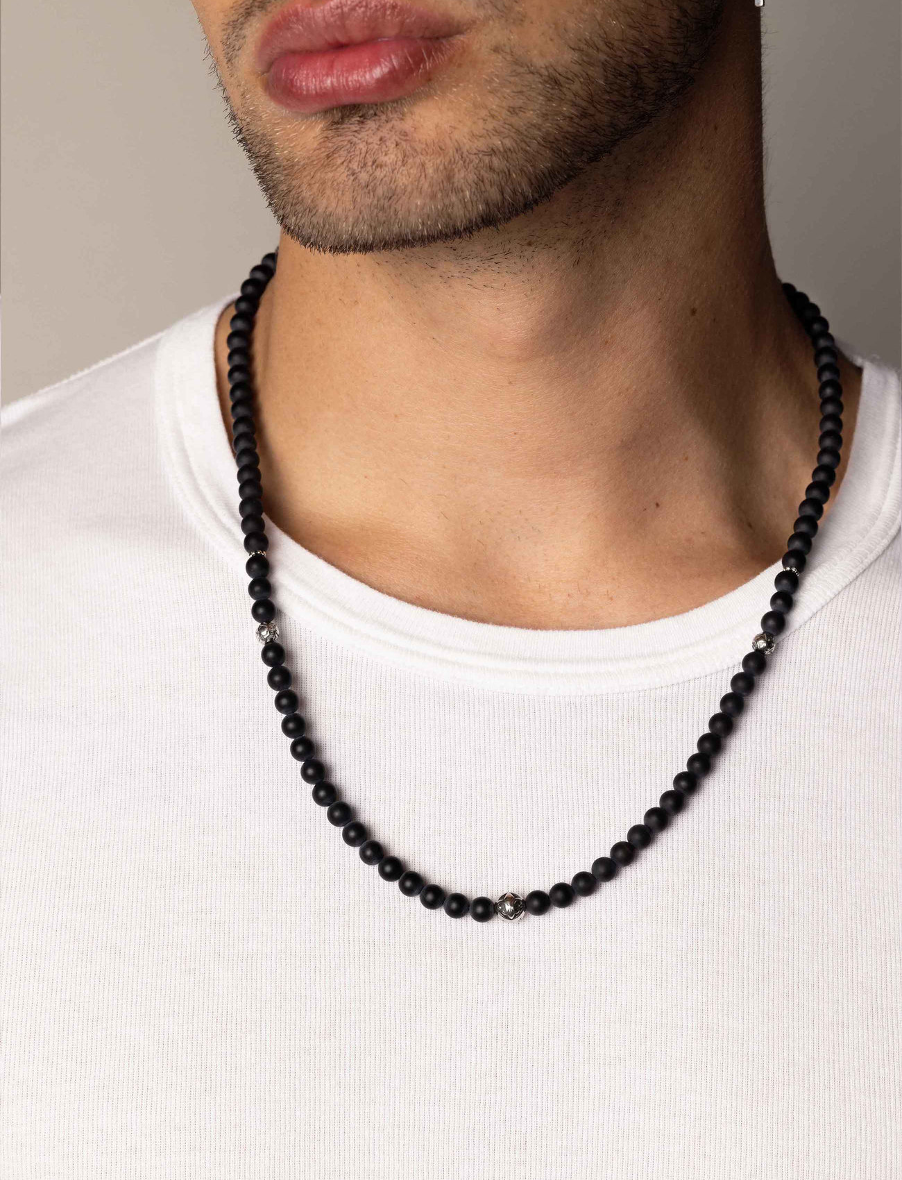 Nialaya Beaded Necklace With Matte Onyx And Silver, One Size 61 cm, Black, Smykker > Halskæder, Herre