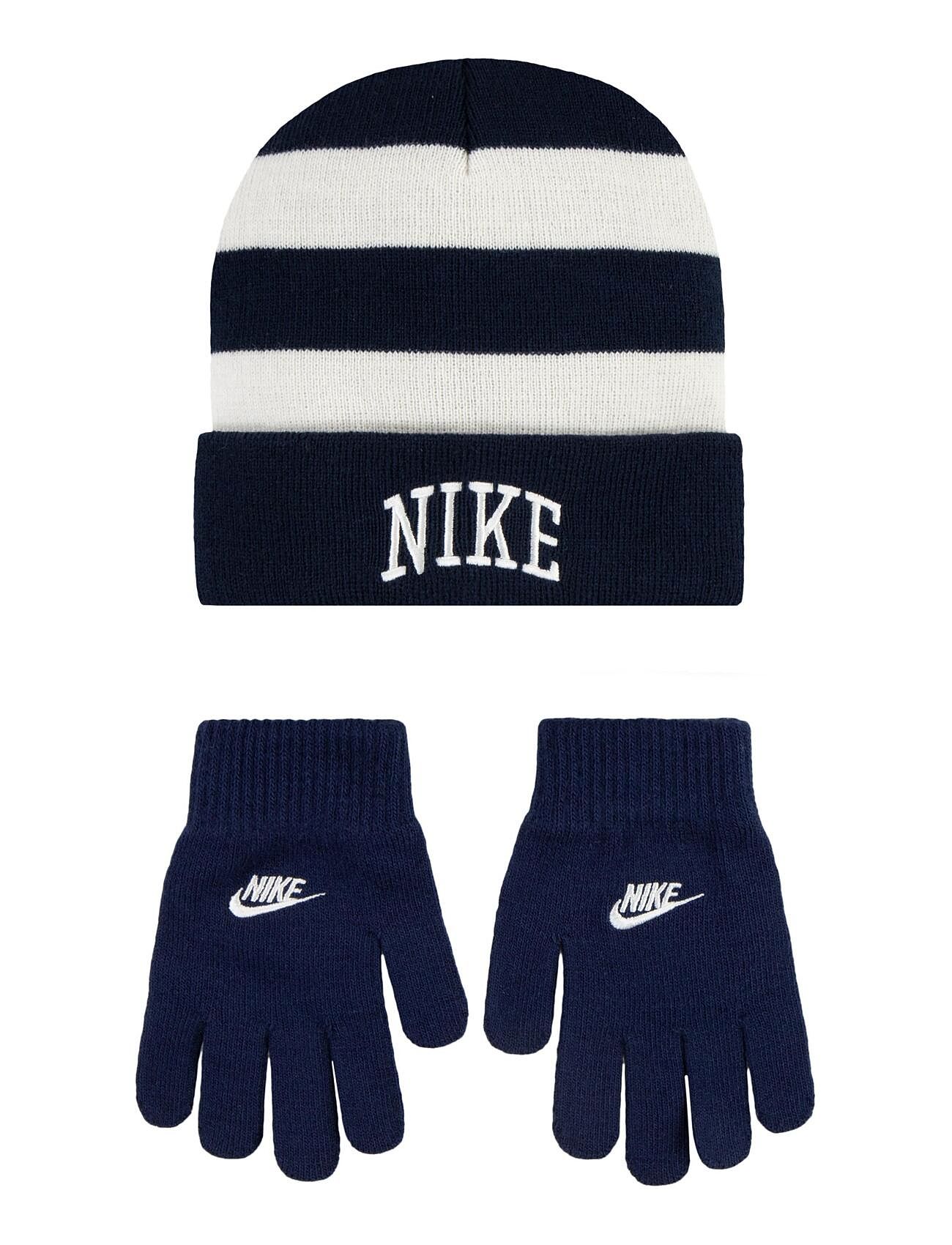 Nike Chunky Stripe Beanie And Gloves Set Accessories Headwear Hats Beanie Navy Nike