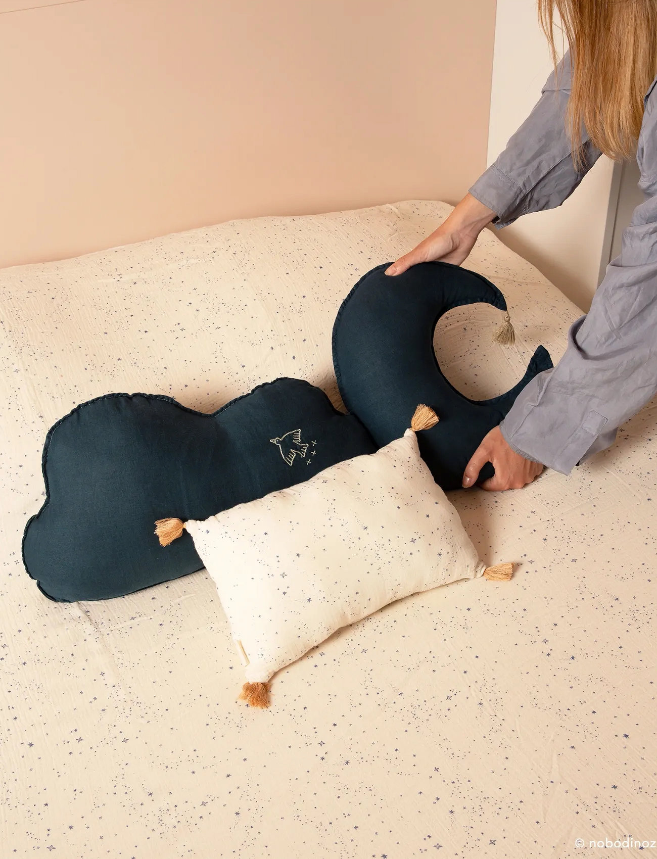 NOBODINOZ Tassel Rectangular Cushion In Washed Double Muslin Wabi-Sabi, One Size, Cream, Indretning Til Børn > Puder, Børn