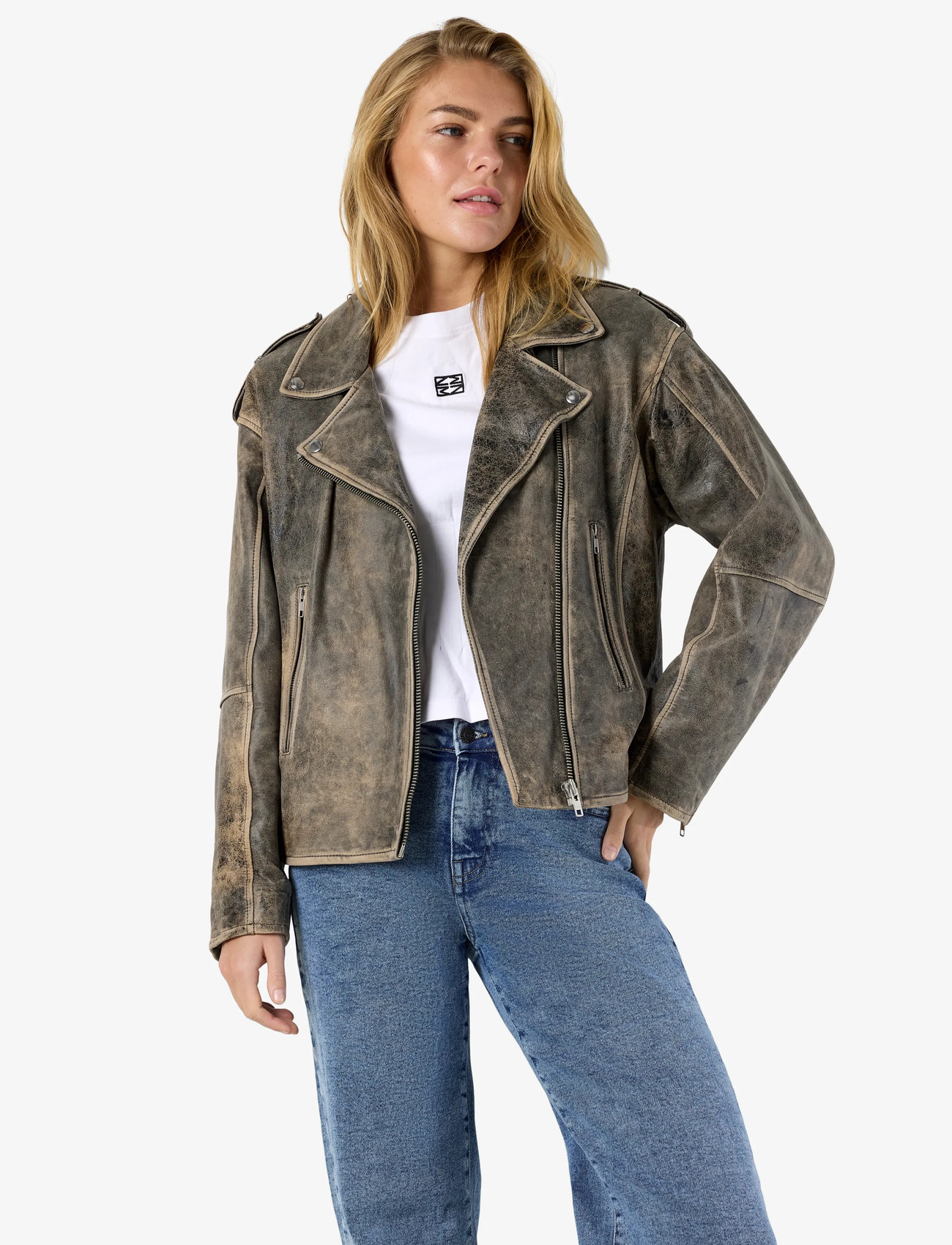 NOISY MAY Nmasta Leather Jacket, XL, Grey, Jakker > Læder, Dame