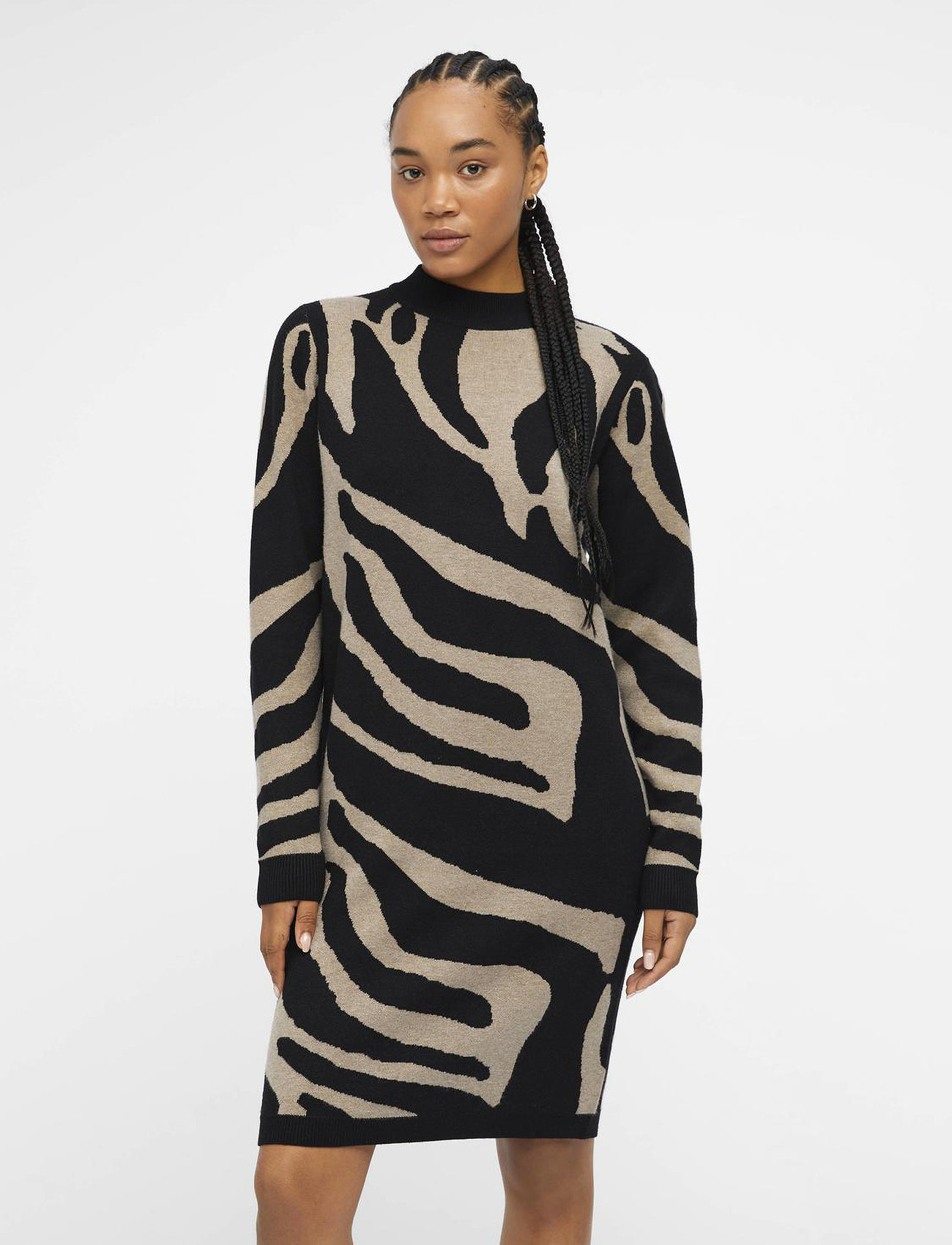 Object Objray L/S Knit Dress Aop Noos, M, Black, Kjoler > Kort Kjole, Dame