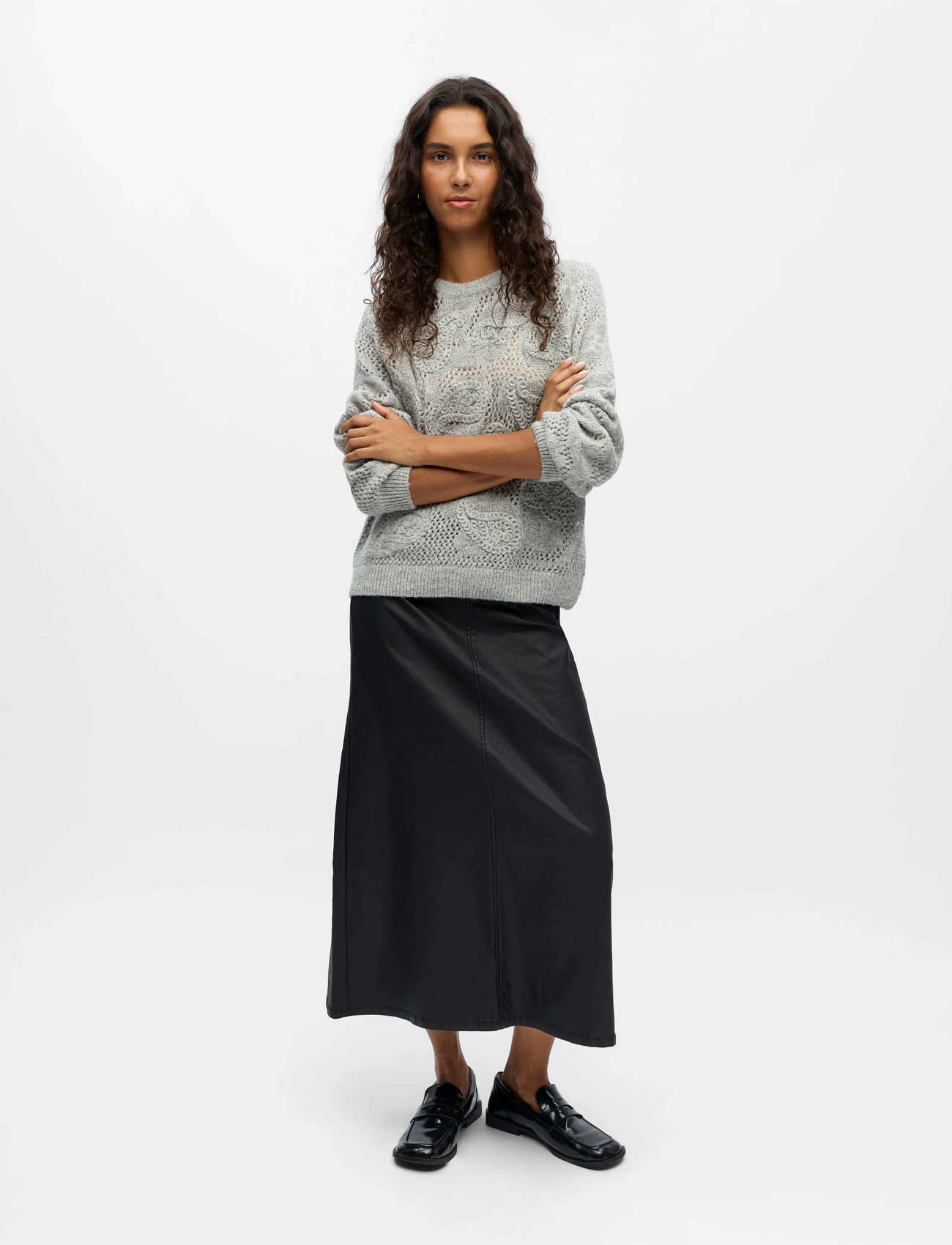 Object Objluca L/S Re Pattern Knit Pullover 140, S, Grey, Strik > Trøjer, Dame
