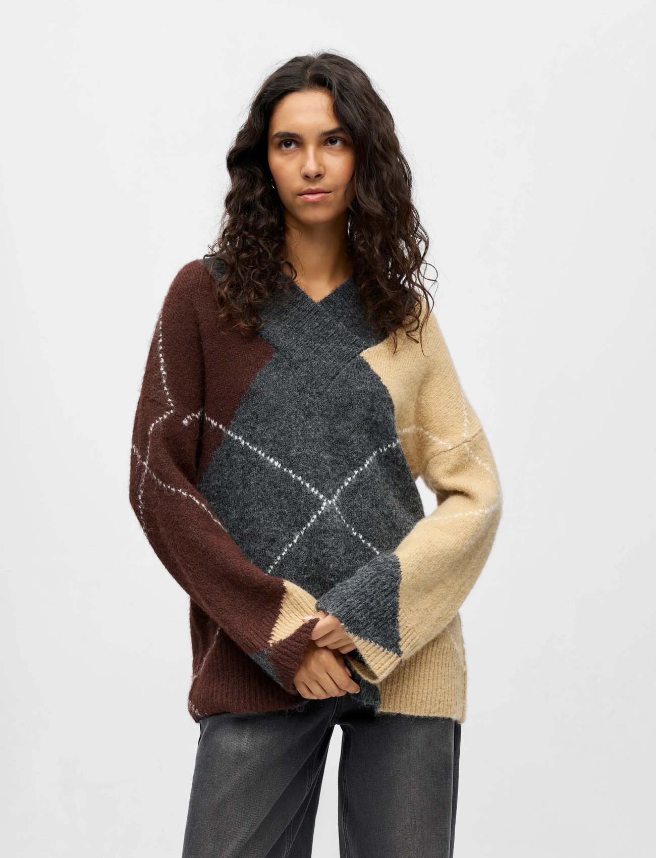 Object Objzena Knit L/S Lo Pullover 141, S, Grey, Knitwear - Jumpers, Dame