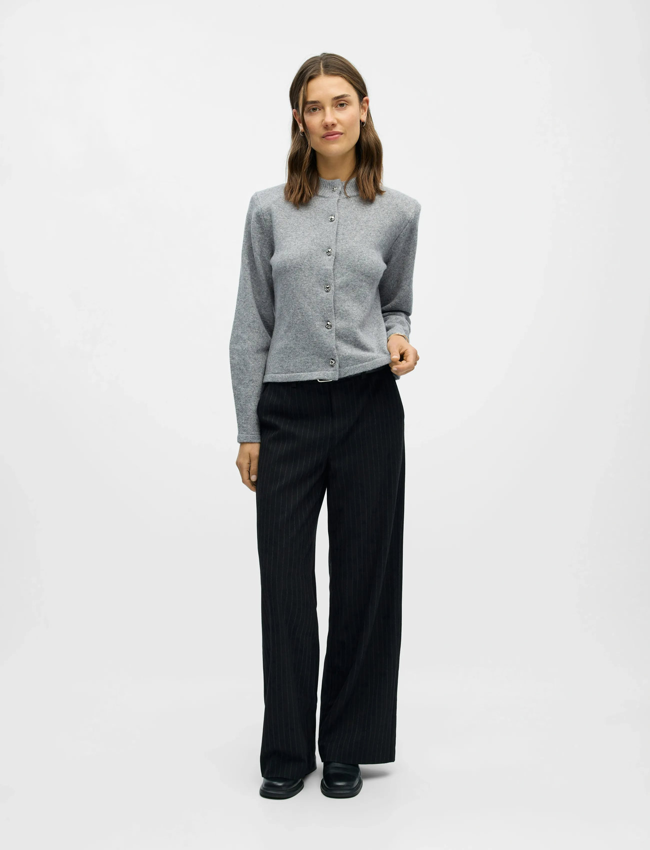 Object Objzari L/S Re Knit Cardigan 142, M, Grey, Strik > Cardigans, Dame