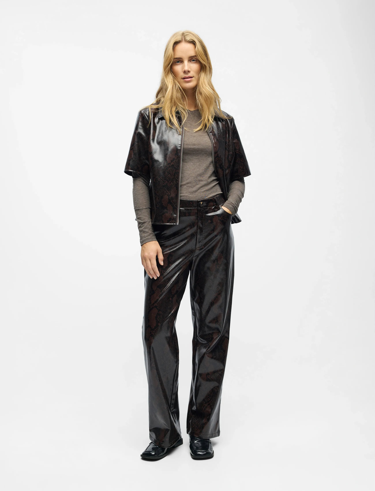 Object Objebba Hw Straight Snake Pant 141, 36, Brown, Bukser > Leggings-Bukser I Læder, Dame