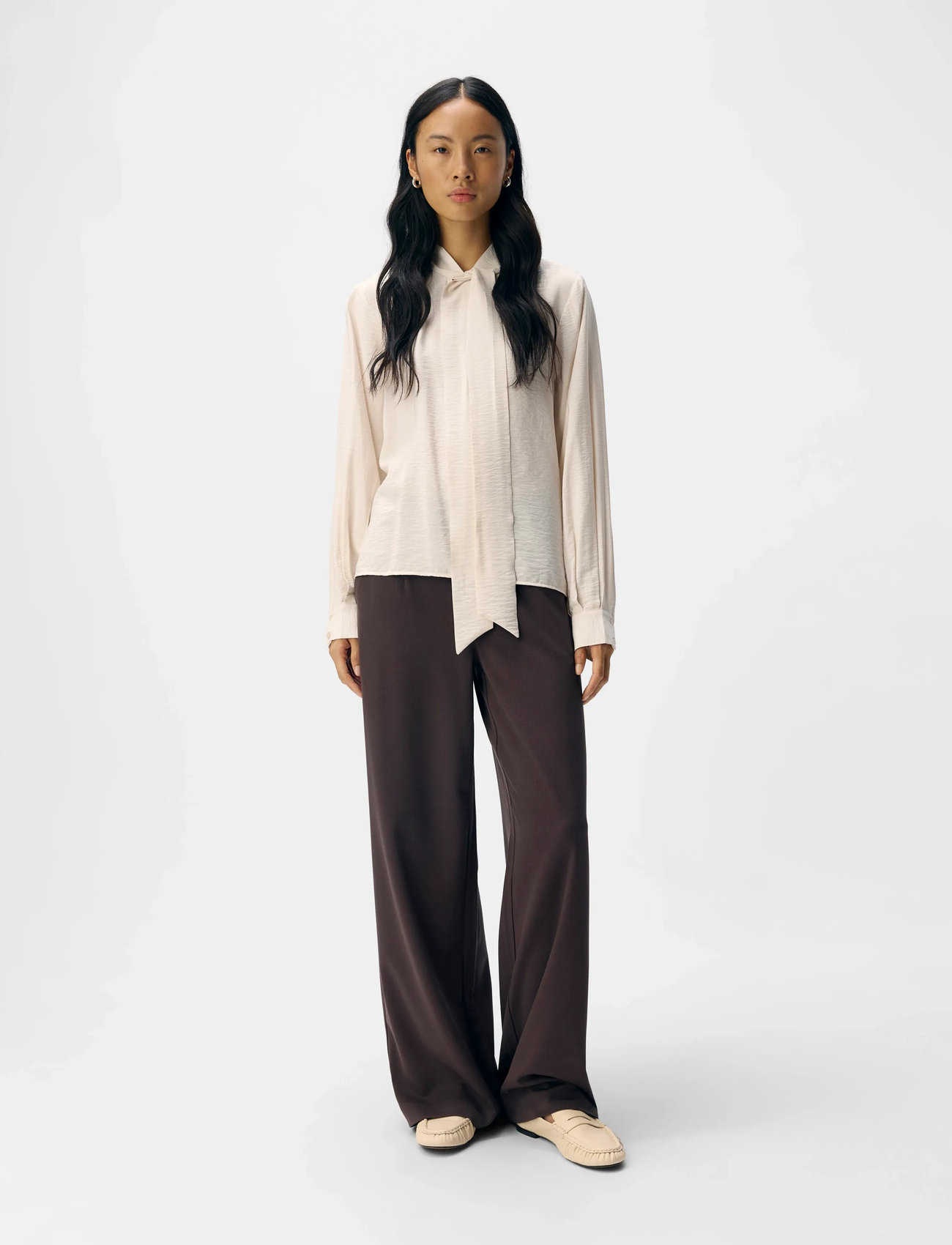 Object Objjacira L/S Re Bow Shirt Noos, 38, Cream, Skjorter > Langærmede, Dame