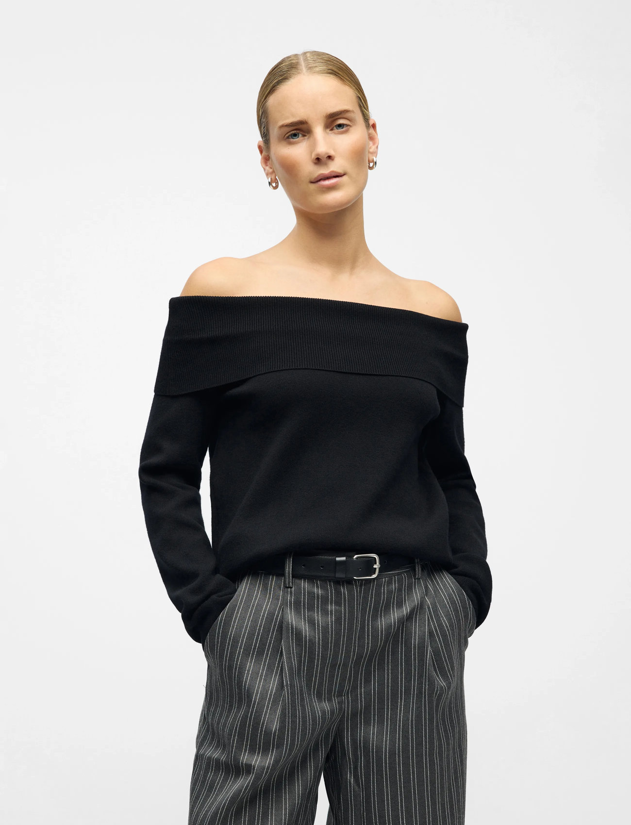 Object Objreynard L/S Re Off Shoulder Knit Div, XS, Black, Strik > Trøjer, Dame