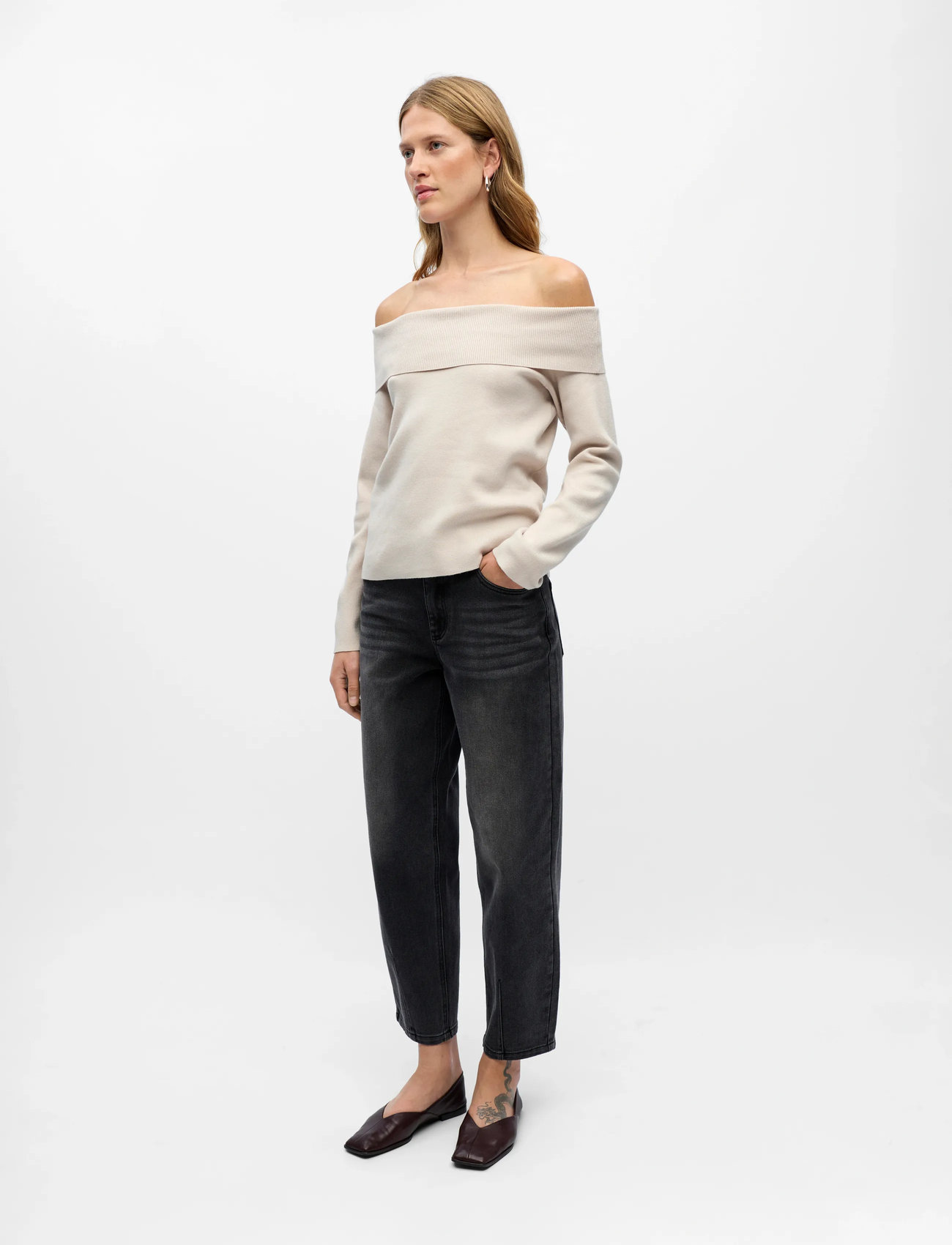Object Objreynard L/S Re Off Shoulder Knit Div, XL, Cream, Strik > Trøjer, Dame
