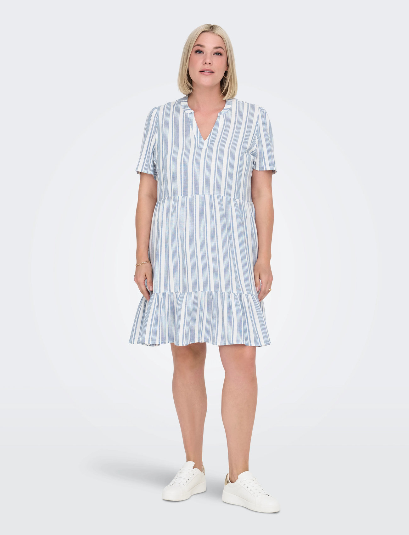 ONLY Carmakoma Cartiri-Caro S/S V-Neck Lin Dress Tlr, 44, Blue, Kjoler > Kort Kjole, Dame