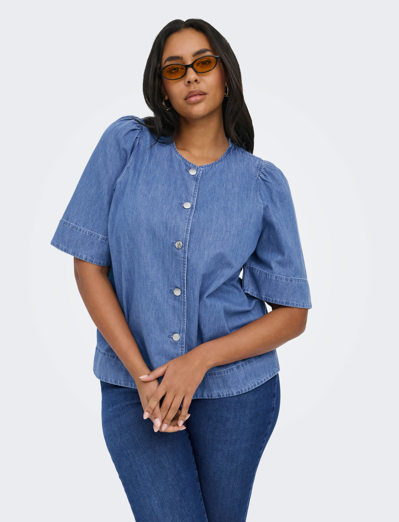 ONLY Carmakoma Carastra Ss Dnm Shirt Qyt, 54, Blue, Skjorter > Kortærmede, Dame