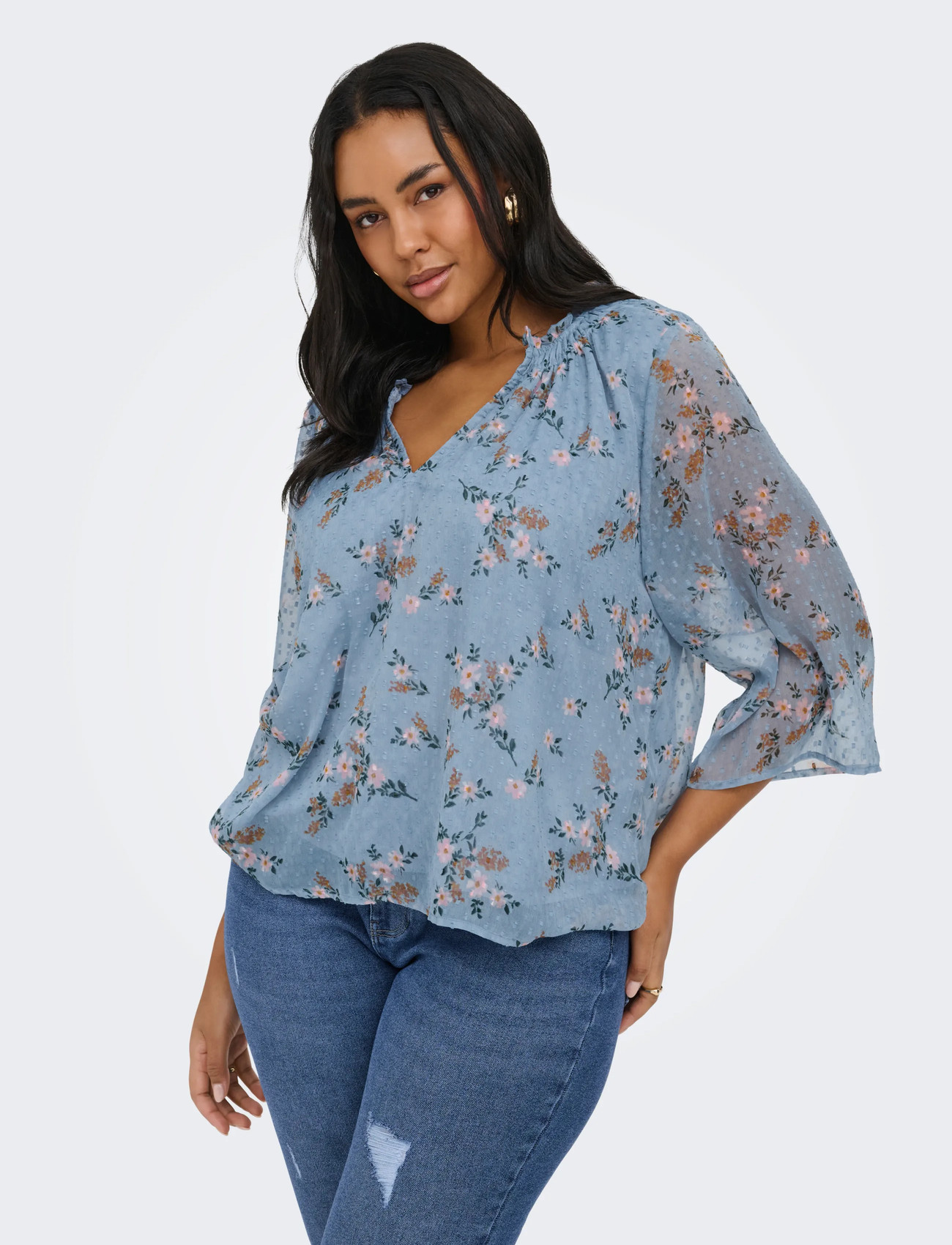 ONLY Carmakoma Carsigrid L/S V-Neck Top Aop, 46, Blue, Bluser > Langærmede, Dame