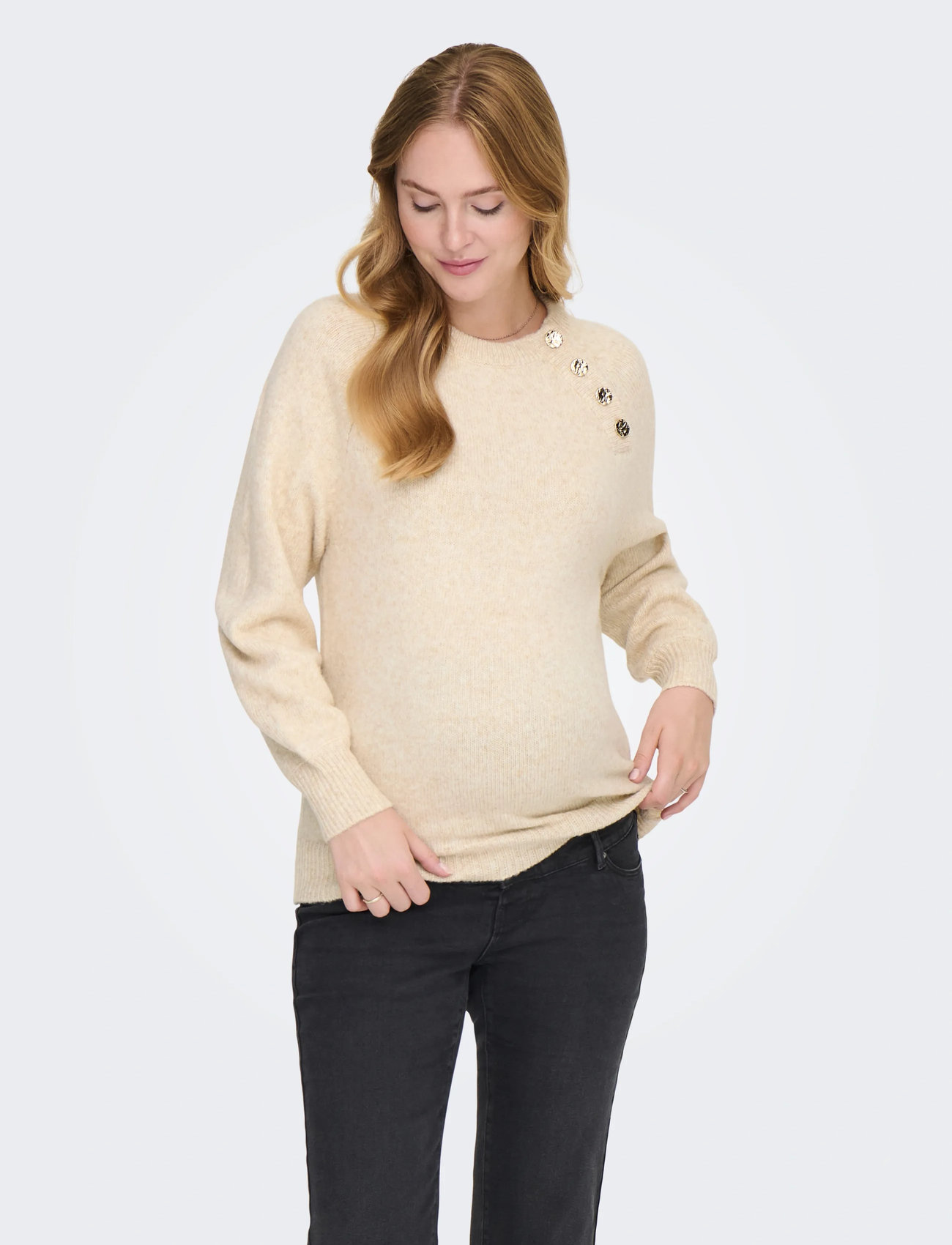 Only Maternity Olmemma Life Ls Button Oneck Knt, XL, Cream, Strik > Trøjer, Dame