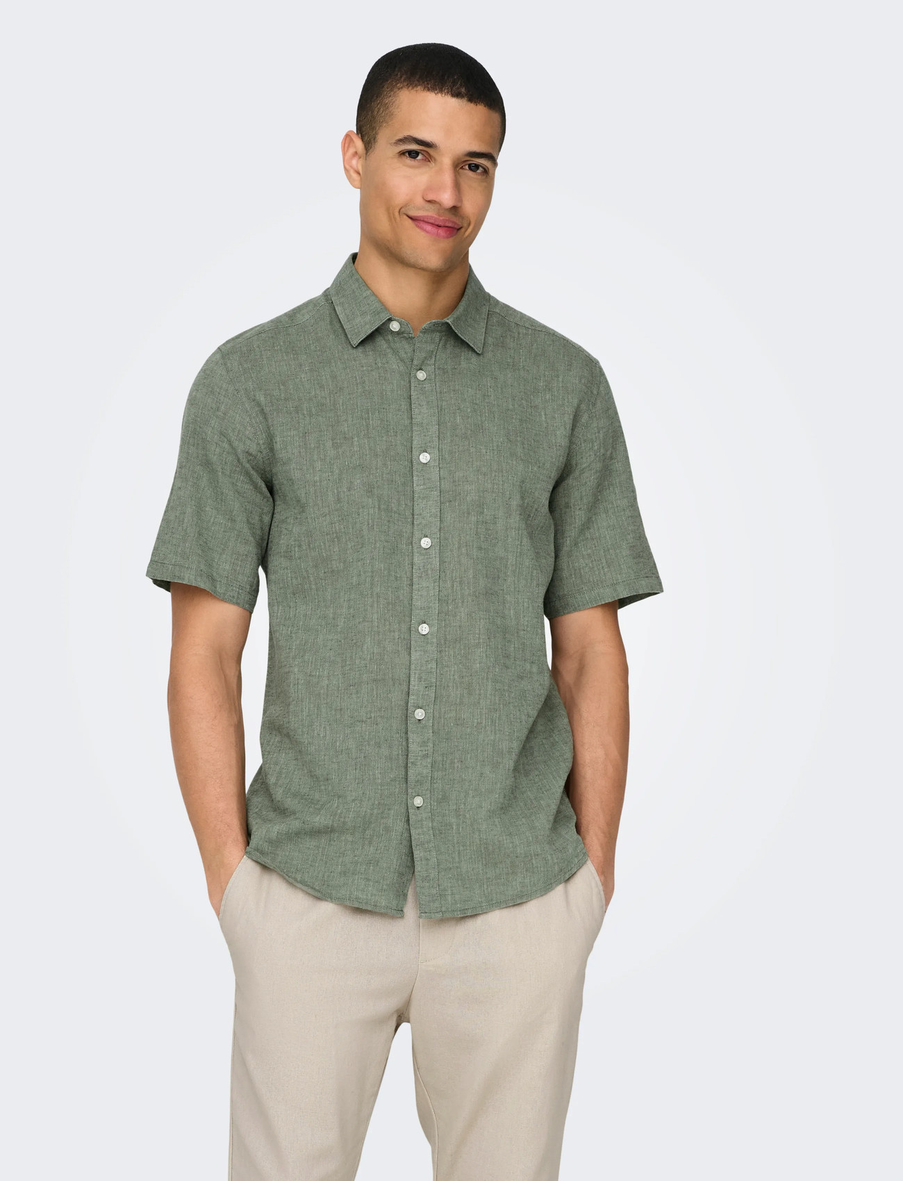 ONLY & SONS Onscaiden Life Ss Solid Linen Blend Noos, L, Green, Skjorter > Kortærmede, Herre