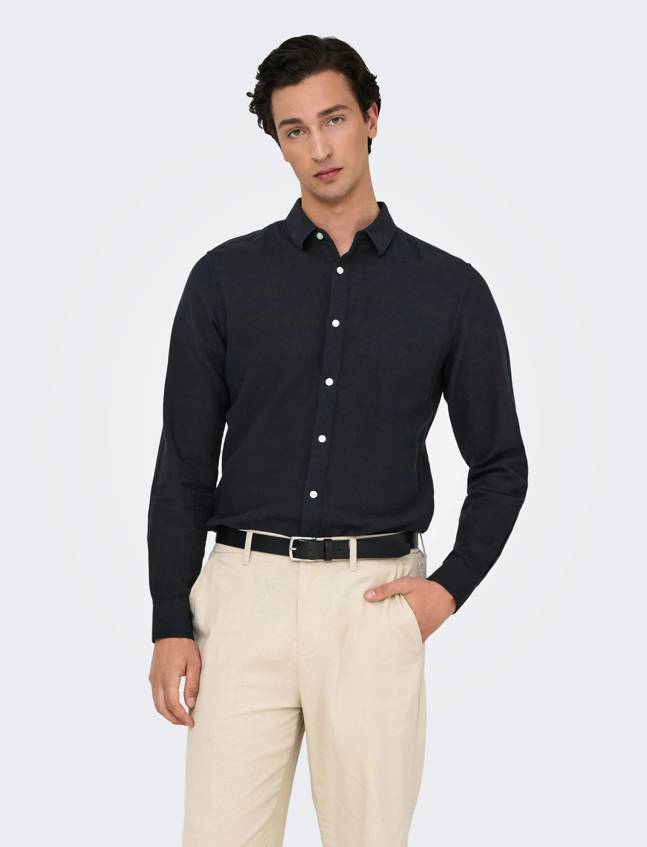 ONLY & SONS Onscaiden Life Ls Solid Linen Blend Noos, S, Black, Skjorter > Afslappet, Herre