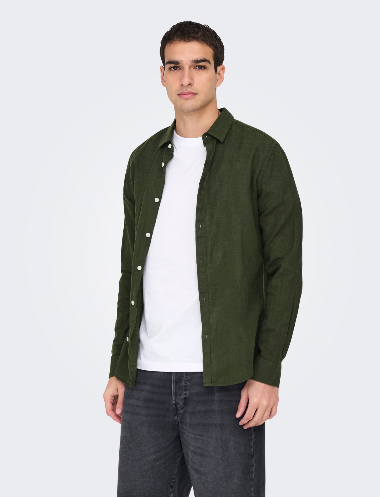 ONLY & SONS Onscaiden Life Ls Solid Linen Blend Noos, L, Green, Skjorter > Afslappet, Herre