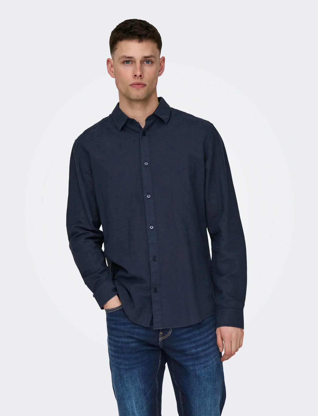 ONLY & SONS Onscaiden Life Ls Solid Linen Blend Noos, M, Navy, Skjorter > Afslappet, Herre