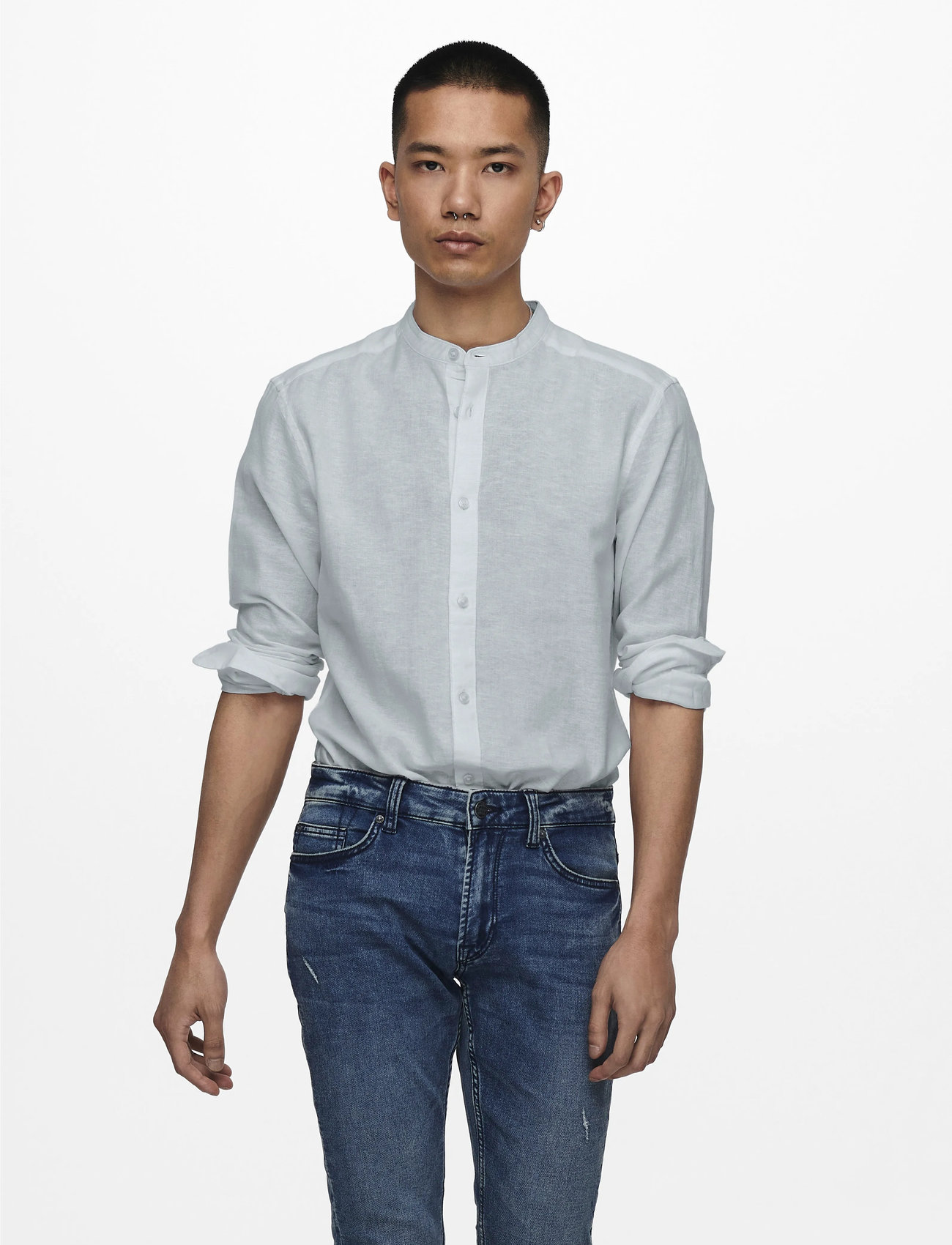 ONLY & SONS Onscaiden Life Ls Linen Blend Mao Noos, S, Blue, Skjorter > Afslappet, Herre